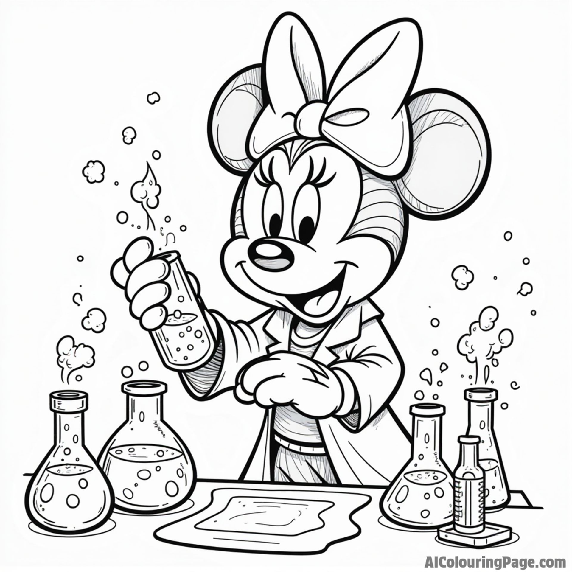 Minnie Mouse dressed as a scientist, conducting an experiment with bubbling potions and colorful test tubes.