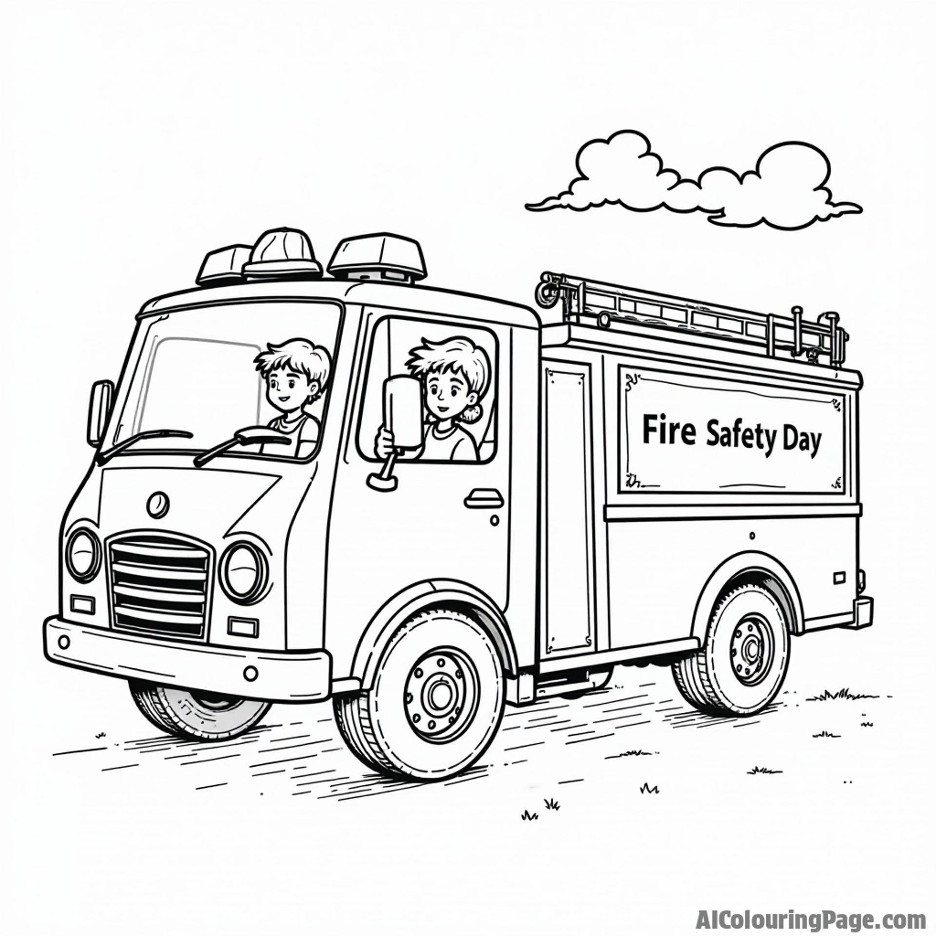 A fire truck with a banner that says "Fire Safety Day" next to kids playing volleyball, promoting awareness and fun in a black and white coloring page.