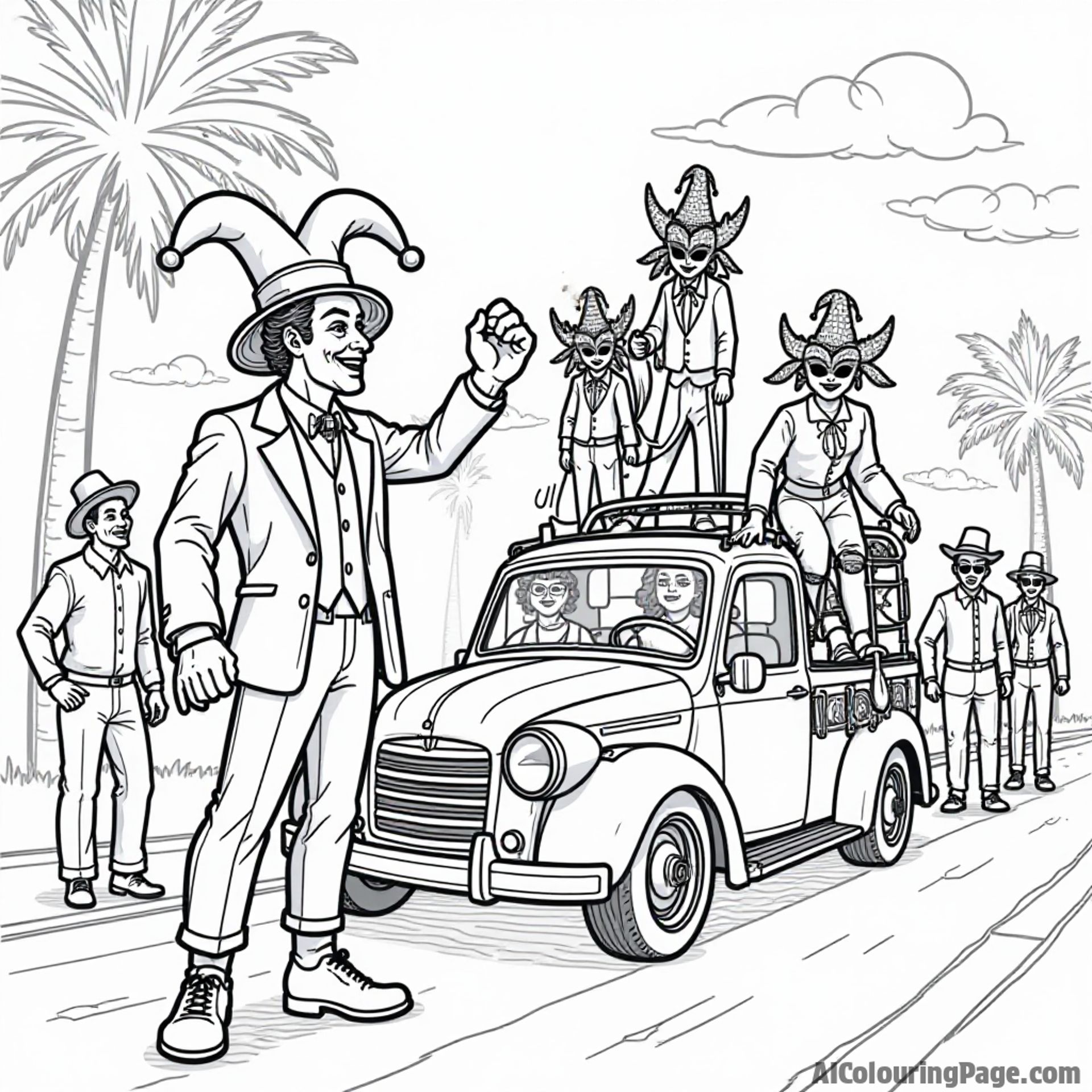 A traditional Louisiana Mardi Gras festival scene featuring a jester, vibrant masks, and a decorated float ready for parading.