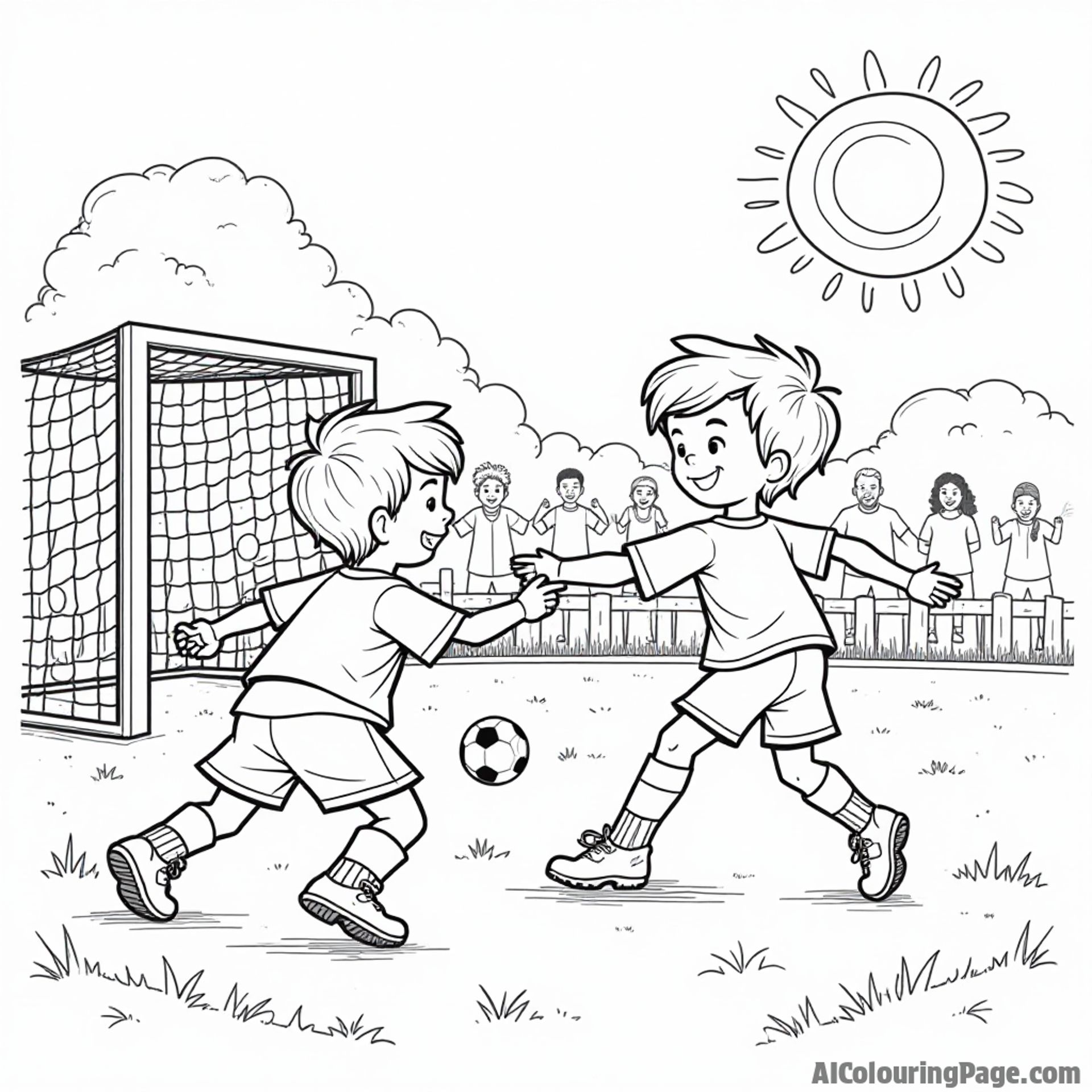 Two kids taking a penalty shot against a goalkeeper, surrounded by cheering friends, with a soccer field and a bright sun, all designed for a black and white coloring page.