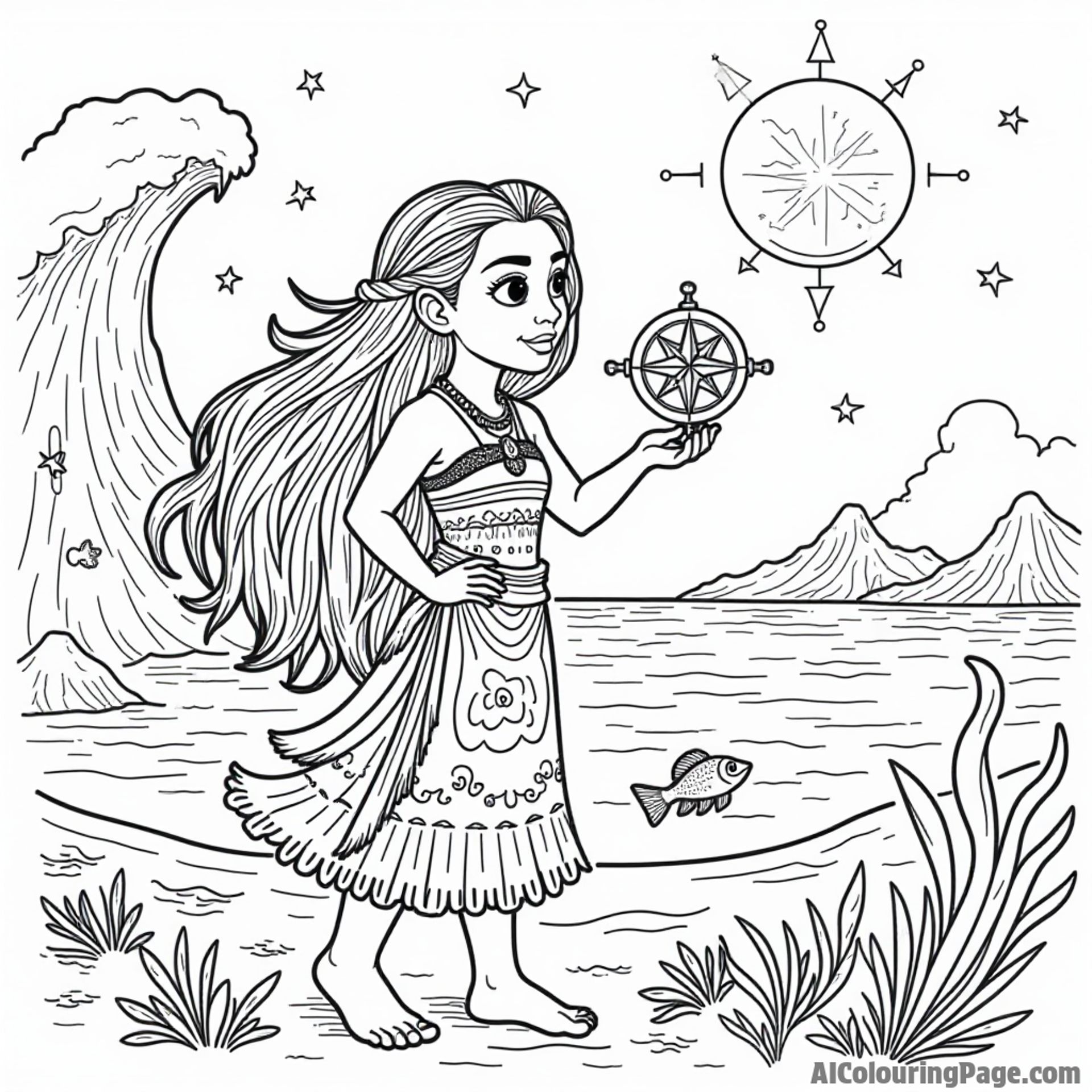 Moana practicing her wayfinding skills with stars above and a compass surrounded by ocean waves and fish.