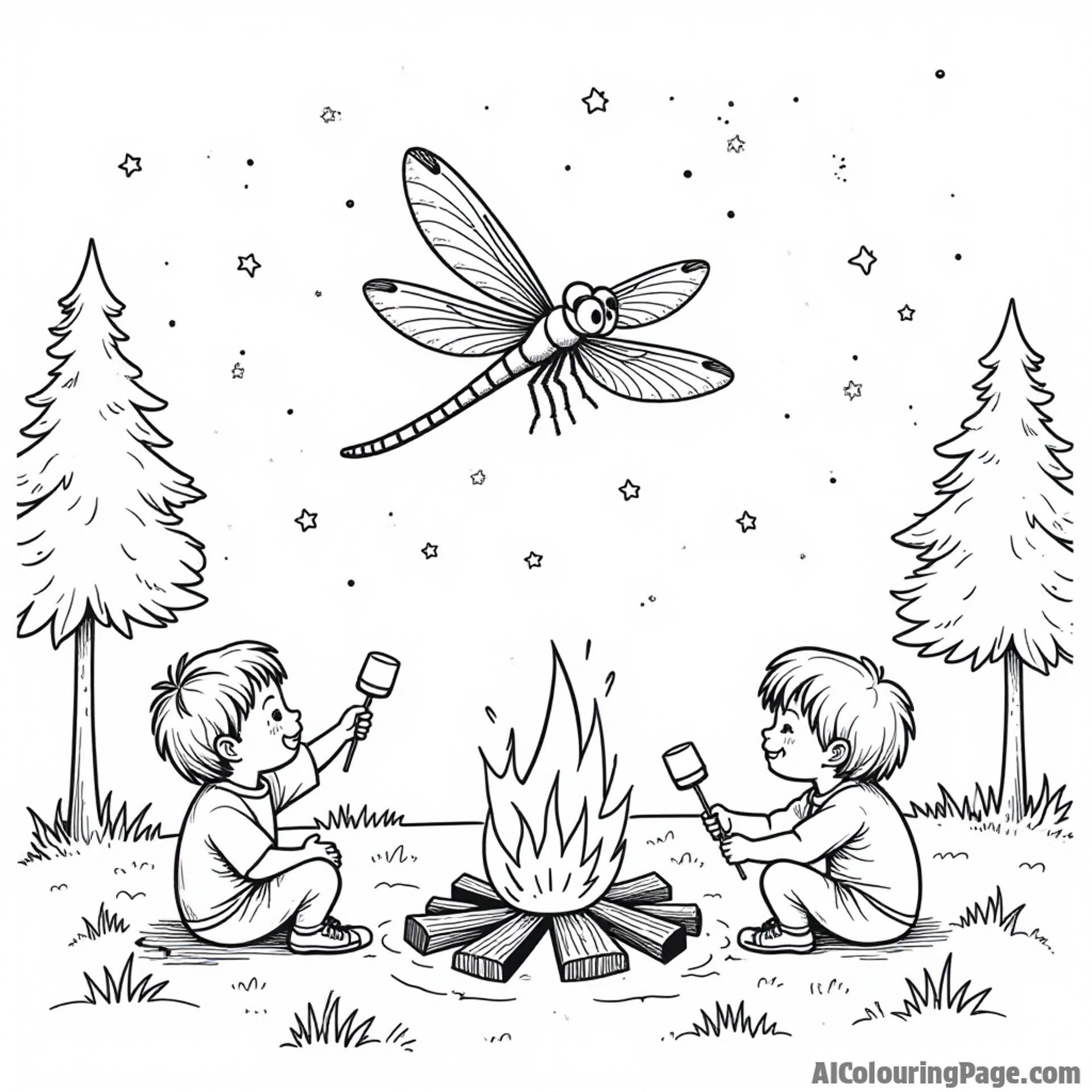 A dragonfly dancing above a campfire with silhouettes of children roasting marshmallows under the starry sky.