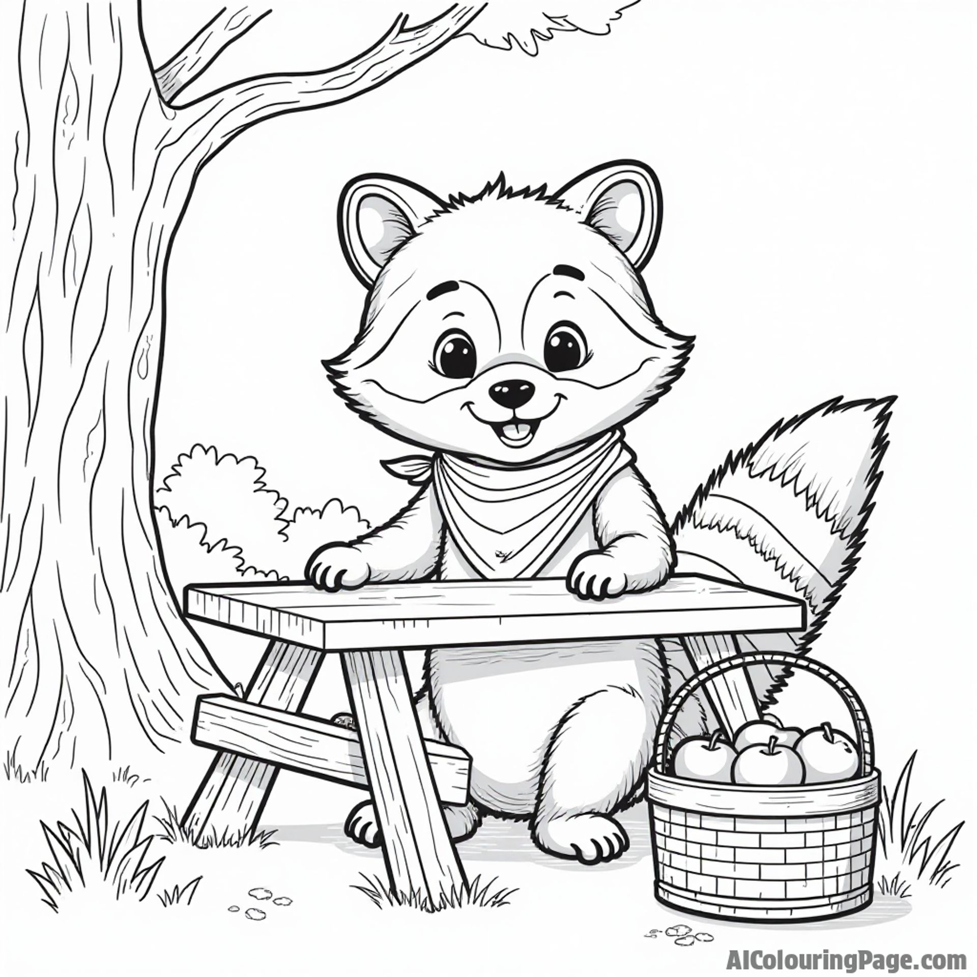 A playful raccoon wearing a bandana, sitting by a picnic table, with a basket of apples in Iowa park.