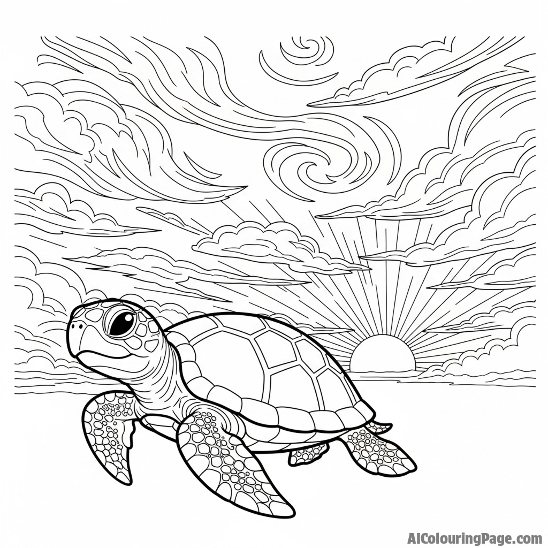 A turtle's silhouette against a dramatic, stormy sky at sunset.