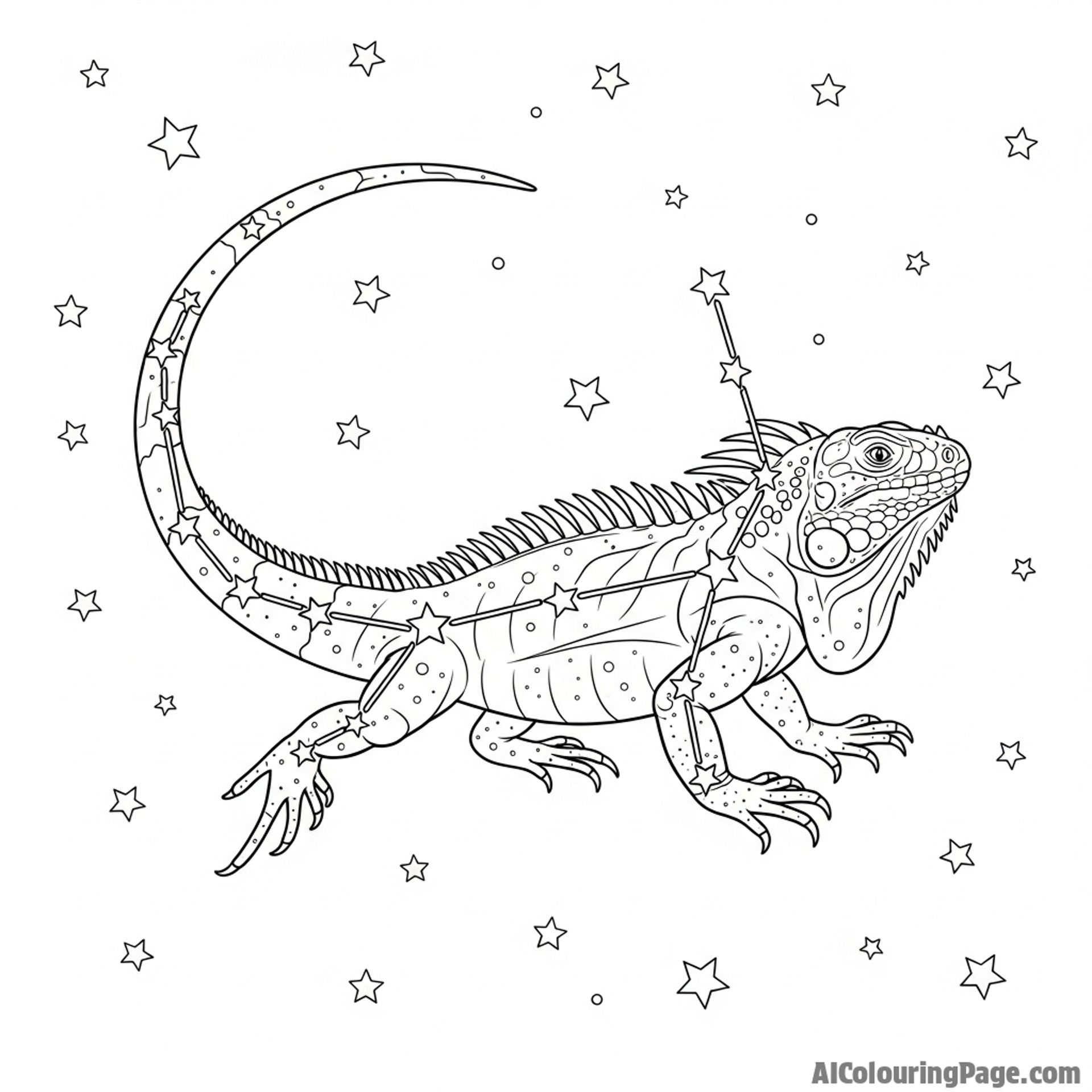 An iguana as a constellation in a starry night sky.