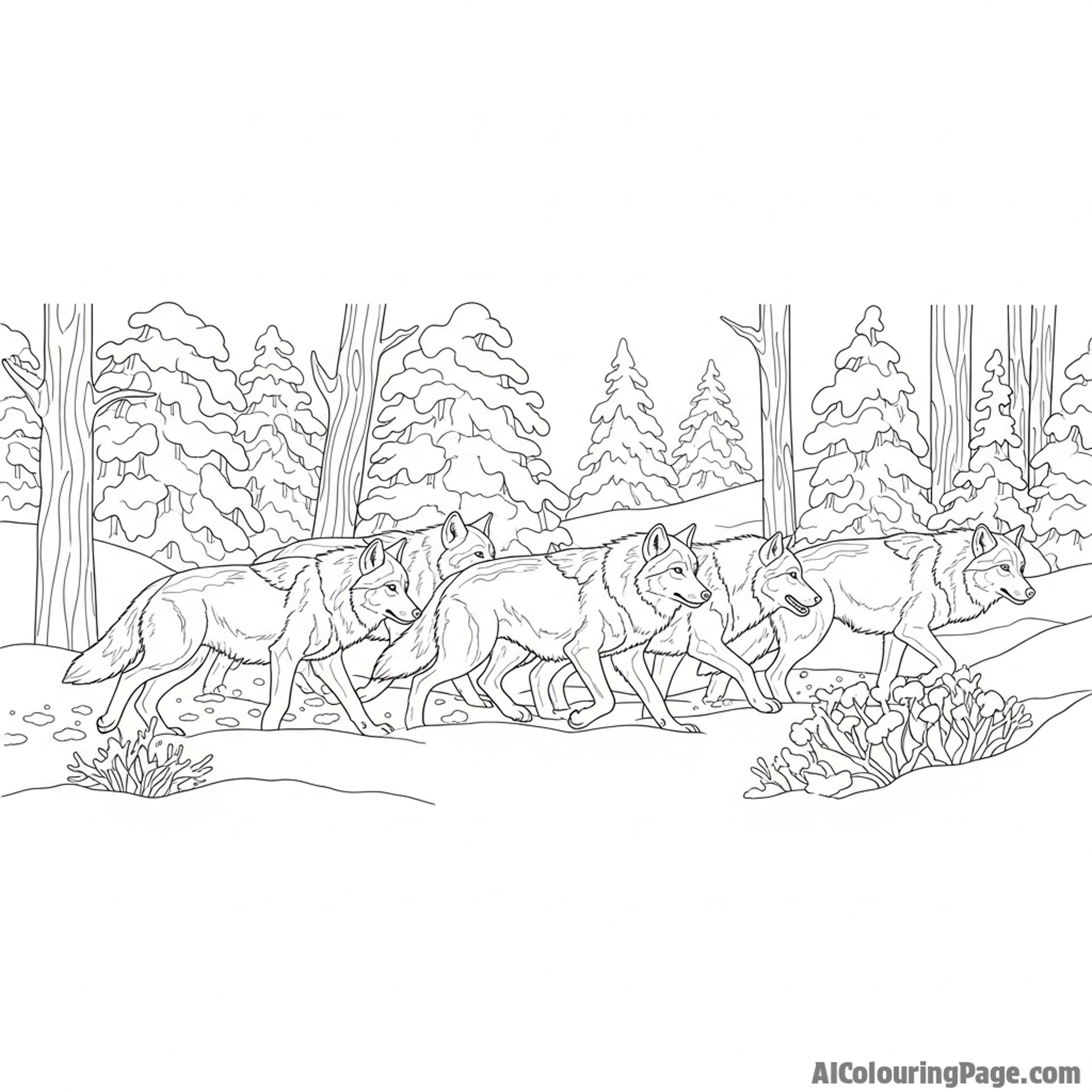 A pack of wolves on the hunt, moving as a single unit through a snowy forest