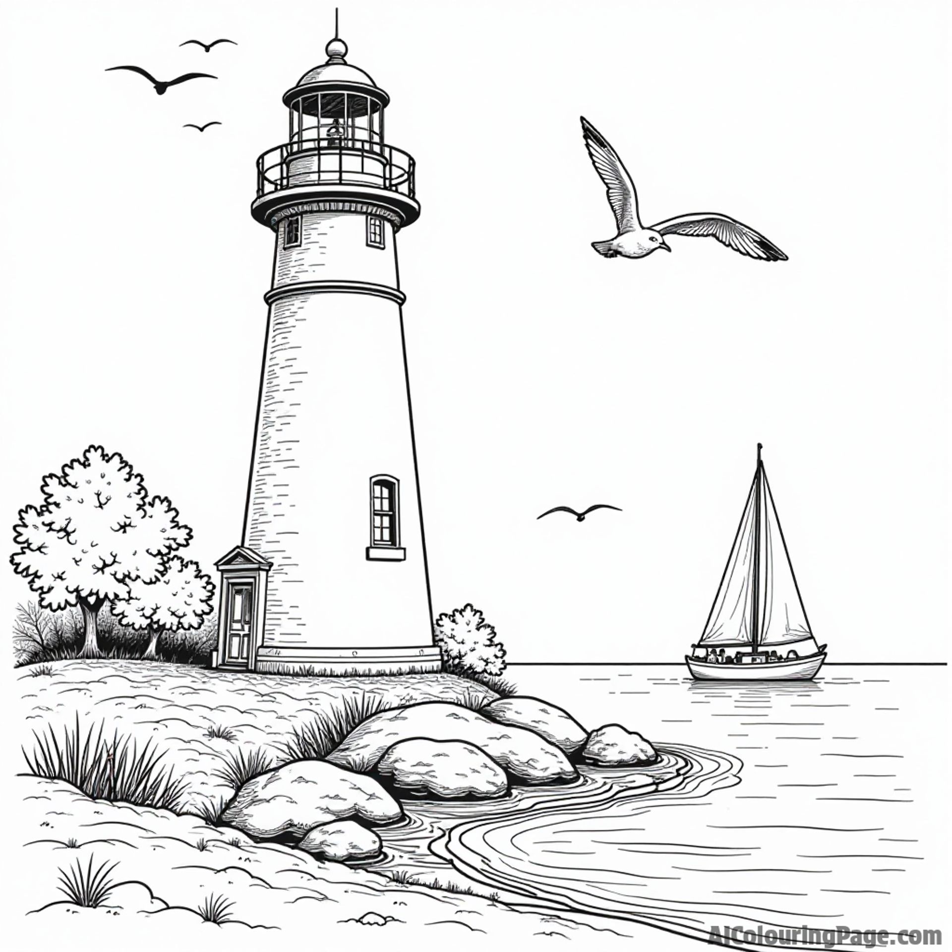 Connecticut lighthouse by the shore, a sailboat in the water, and seagulls flying above, perfect for coloring fun.