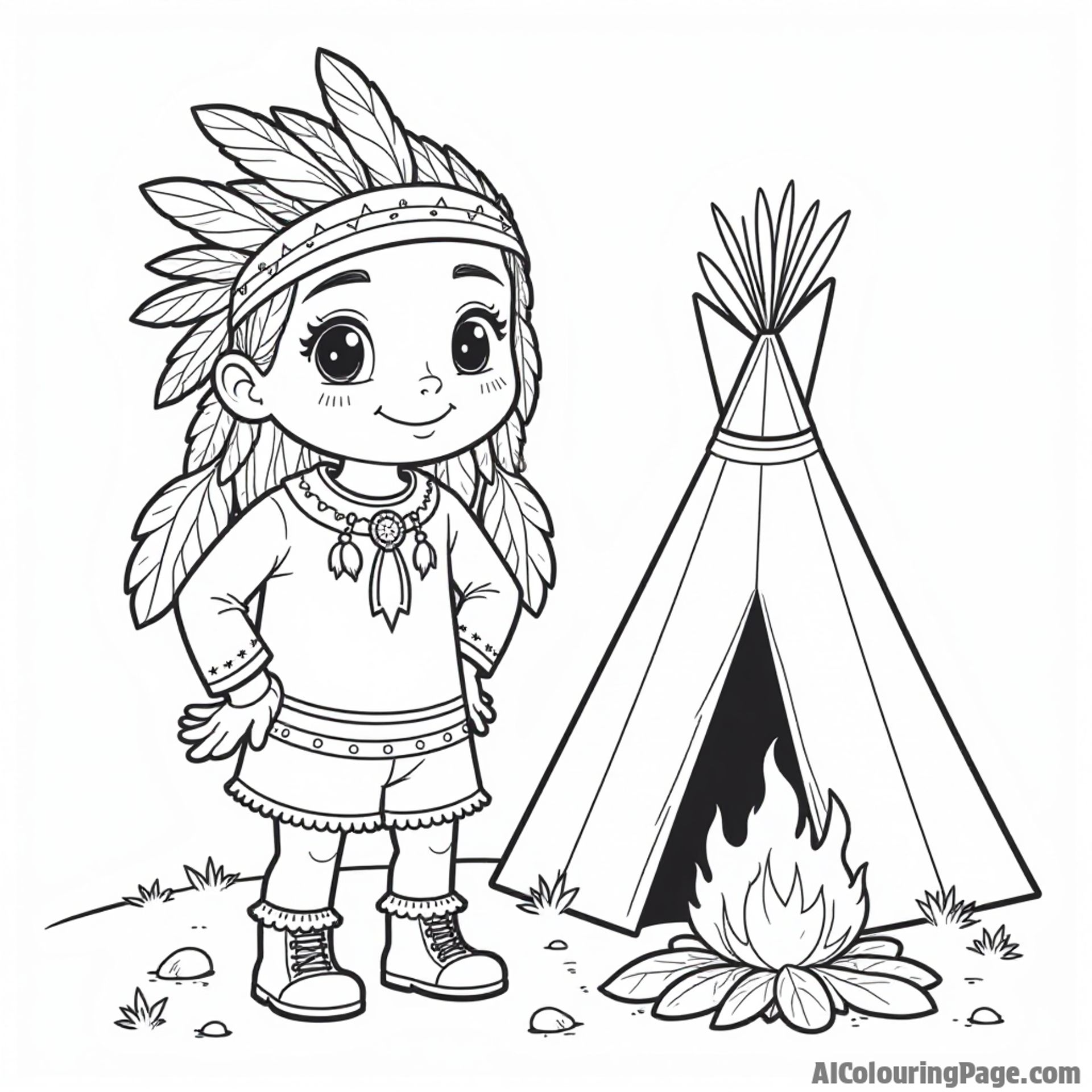 A friendly Native American character in traditional attire, standing beside a teepee and a campfire, celebrating South Dakota culture for kids.
