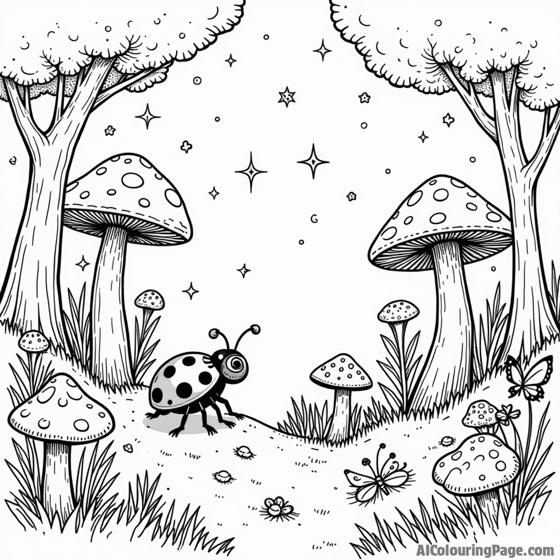A ladybug exploring a magical forest filled with oversized mushrooms, friendly fairies, and twinkling stars in the night sky.