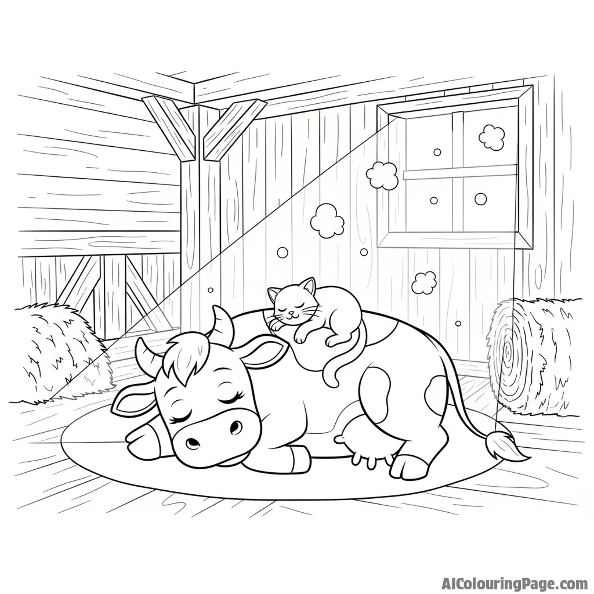 A cow and a cat sleeping together in a sunbeam inside a dusty barn.