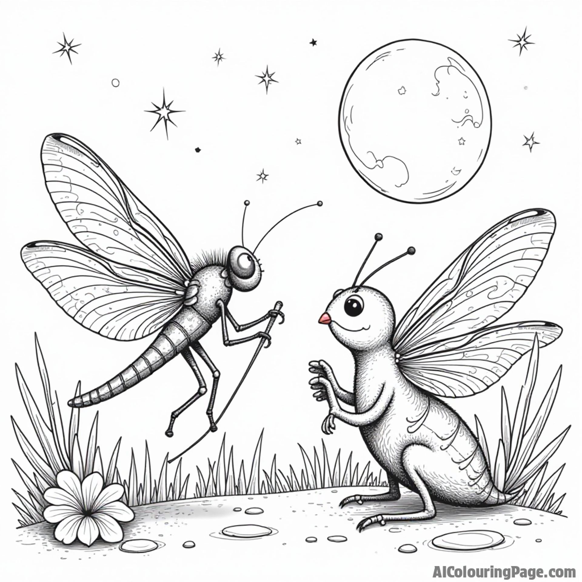 A dragonfly and a cricket sharing a musical moment under the moonlight with stars twinkling in the background.