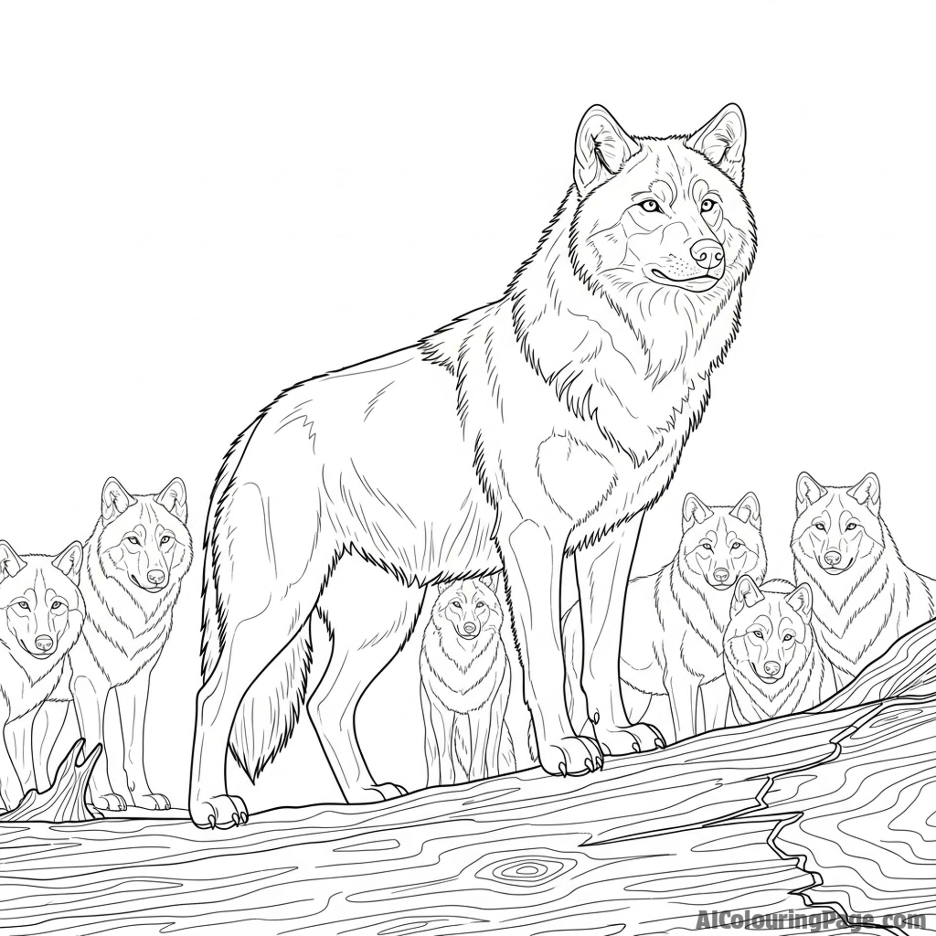 An alpha wolf standing majestically on a fallen log, asserting its dominance over the pack in the background.