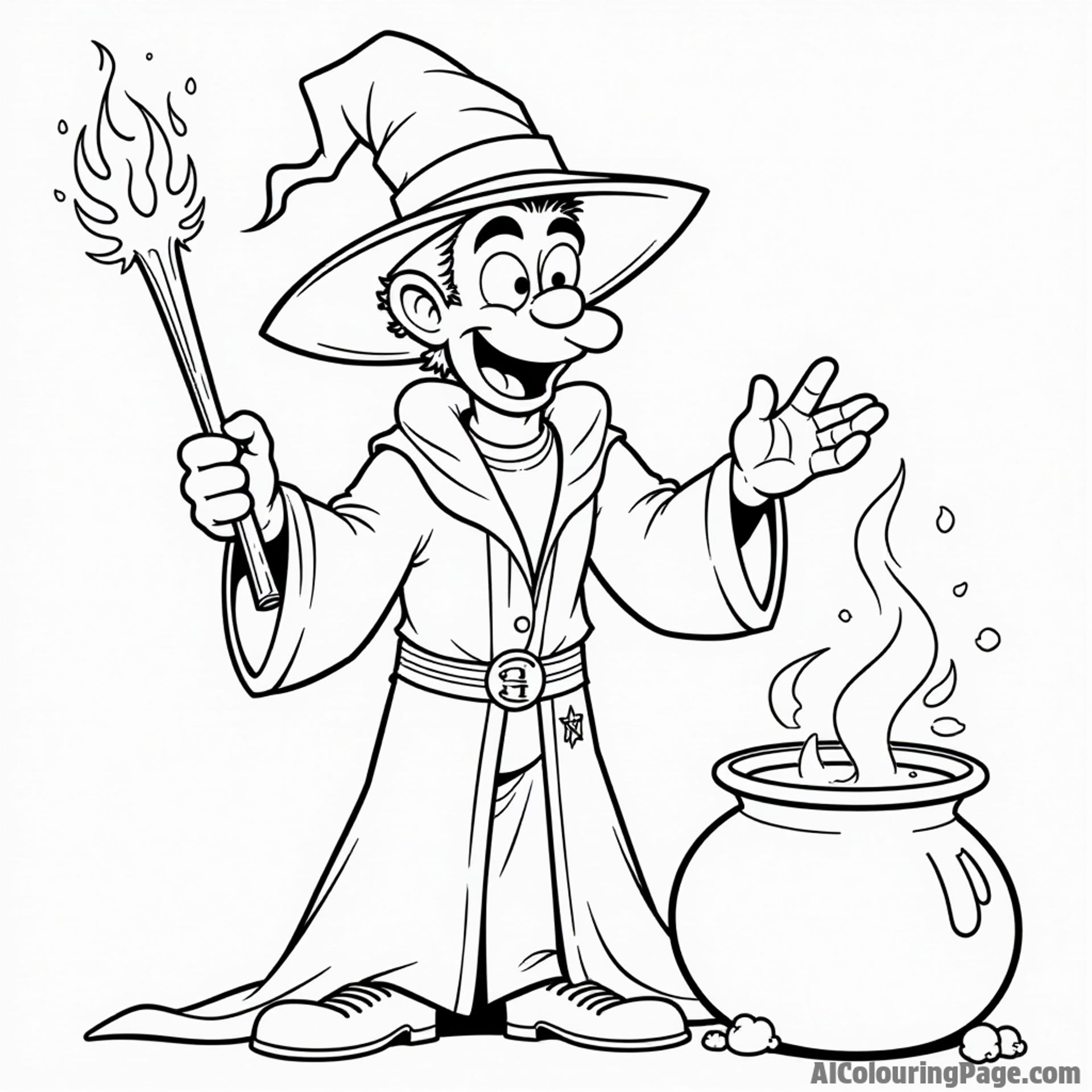 Johnny Bravo dressed as a wizard casting spells with a magic wand and cauldron