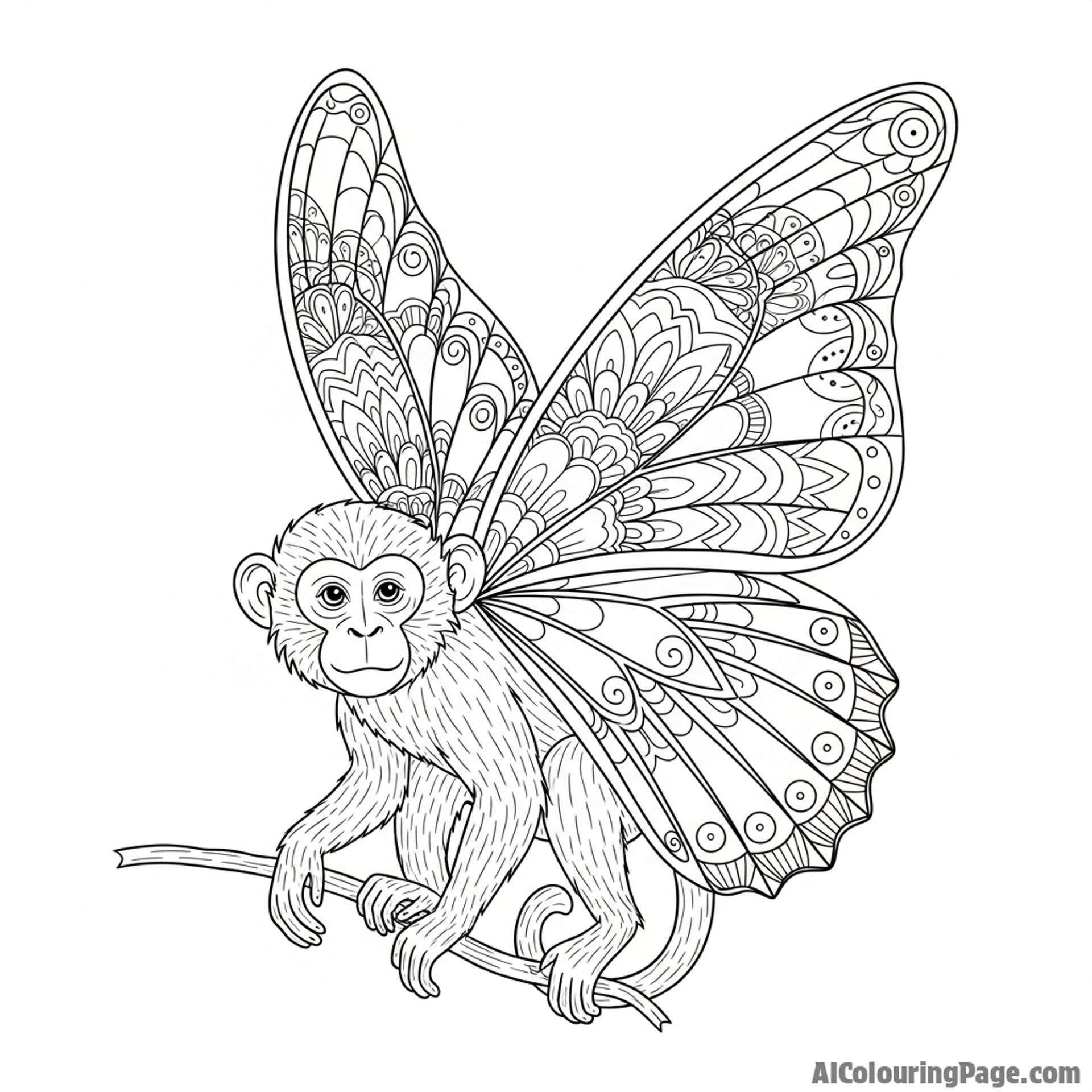 A surreal image of a monkey with large, intricate butterfly wings.