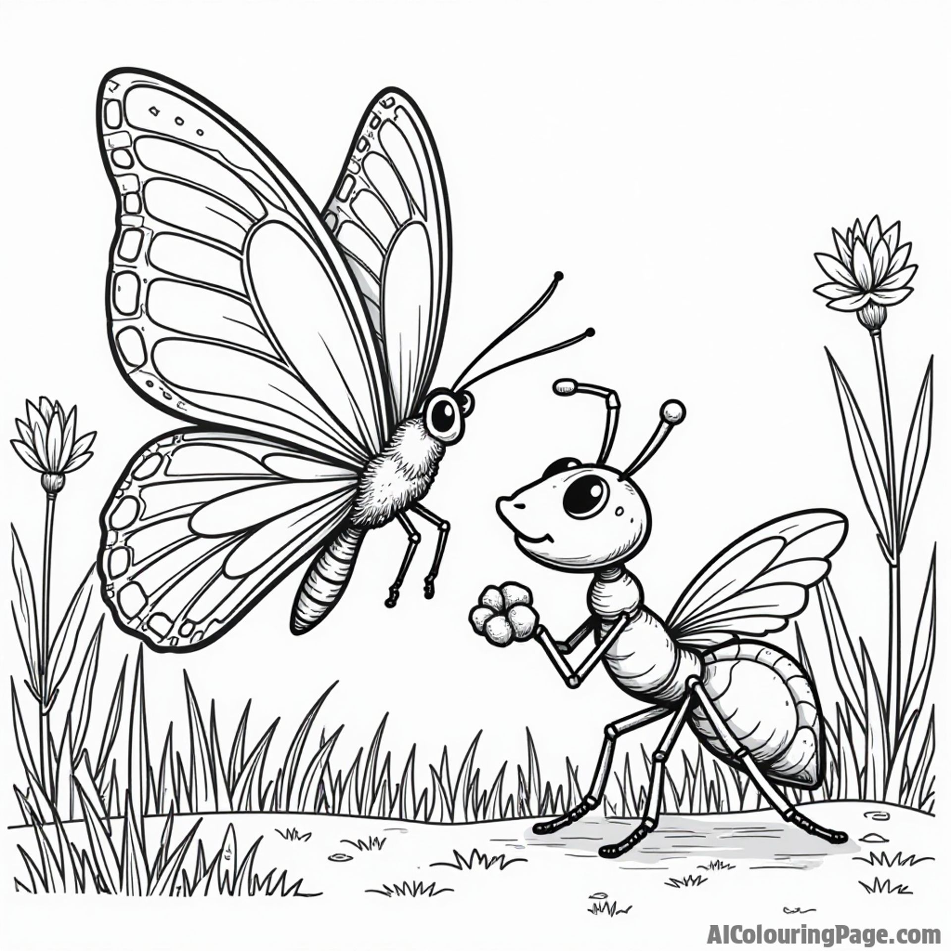 A butterfly alongside a busy ant carrying food, with a backdrop of grass and wildflowers for kids to color.