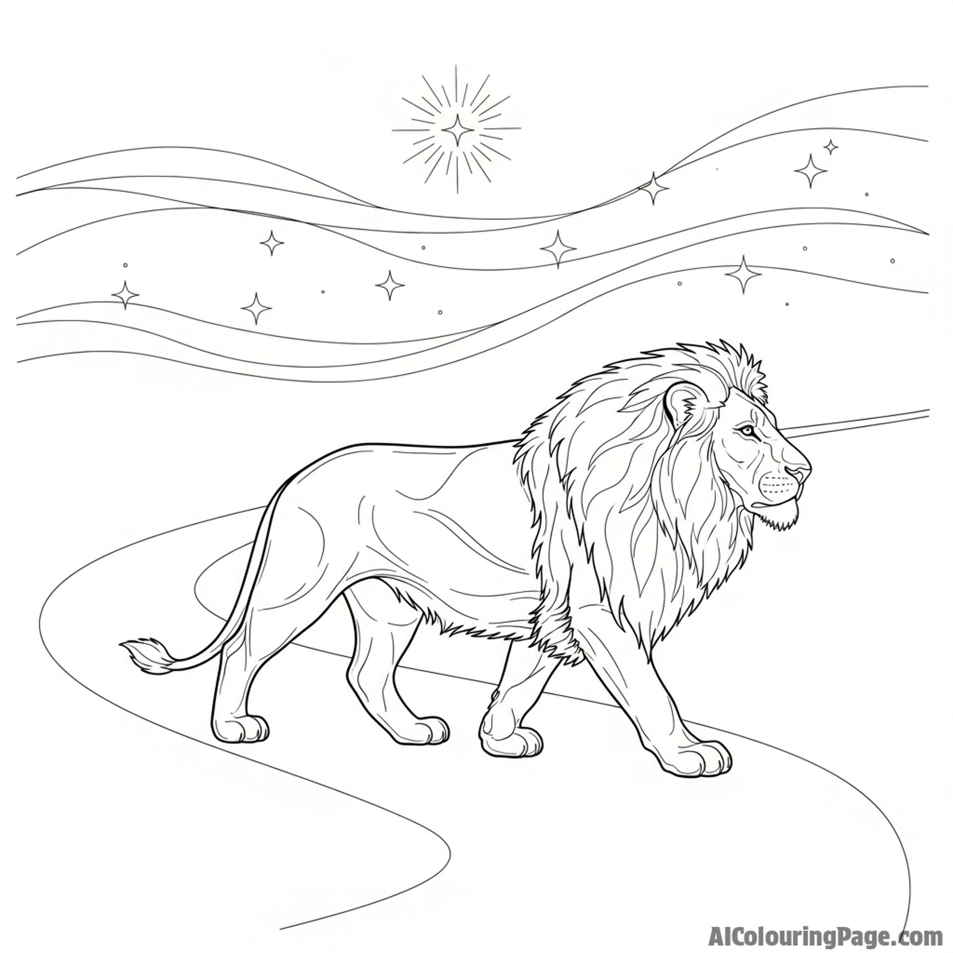A lion walking on a path illuminated only by shimmering moonlight.