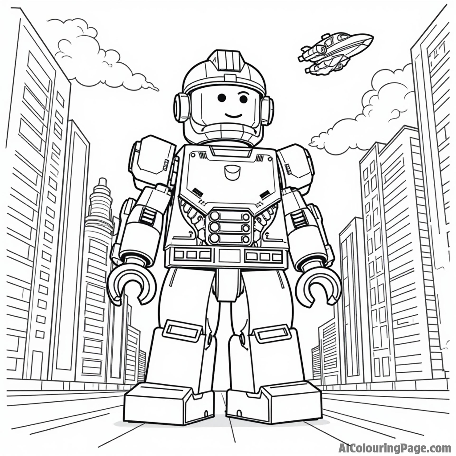 A LEGO robot standing proudly in a futuristic city, surrounded by tall buildings and flying vehicles above.