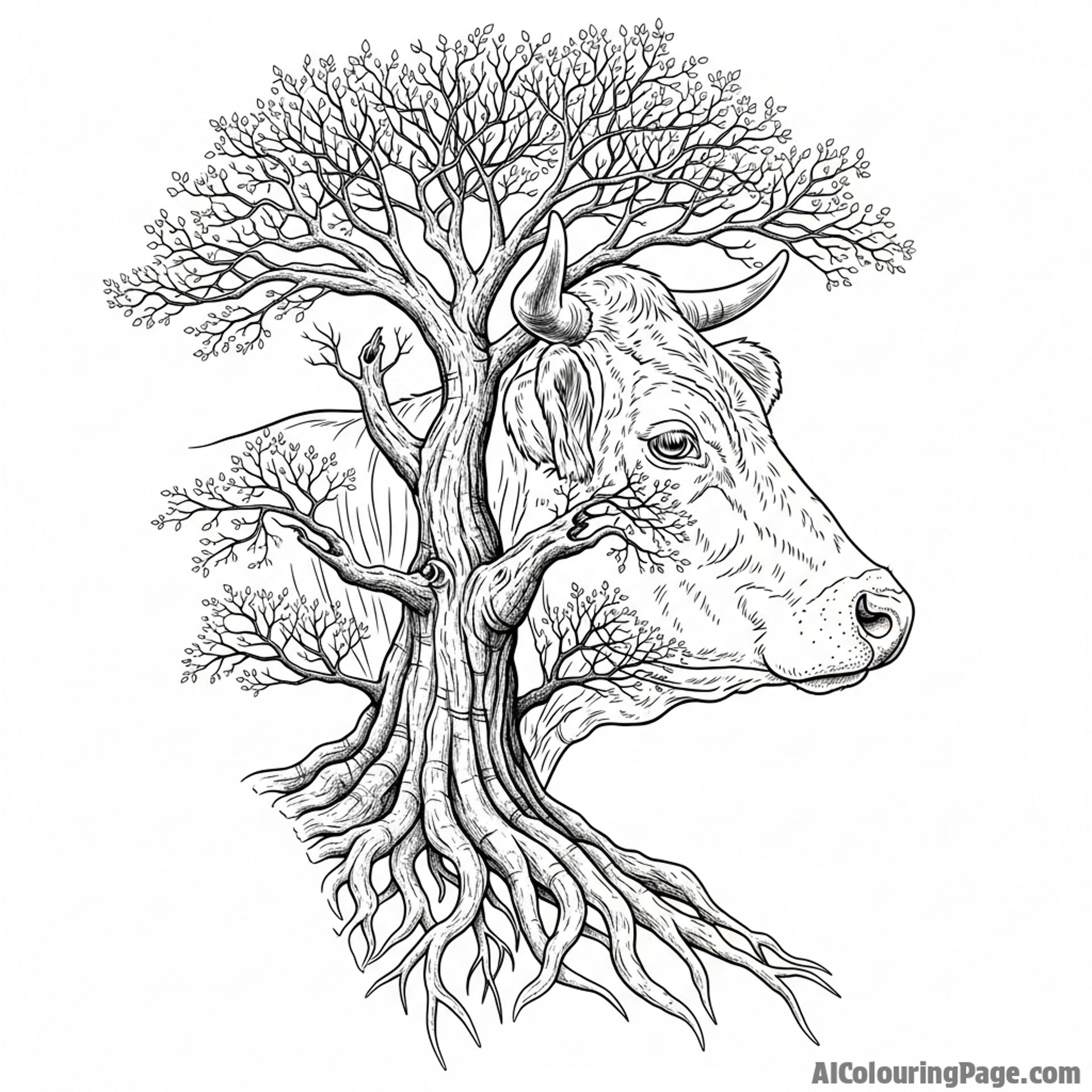 A double exposure photograph merging a cow\'s portrait with an ancient, gnarled tree.