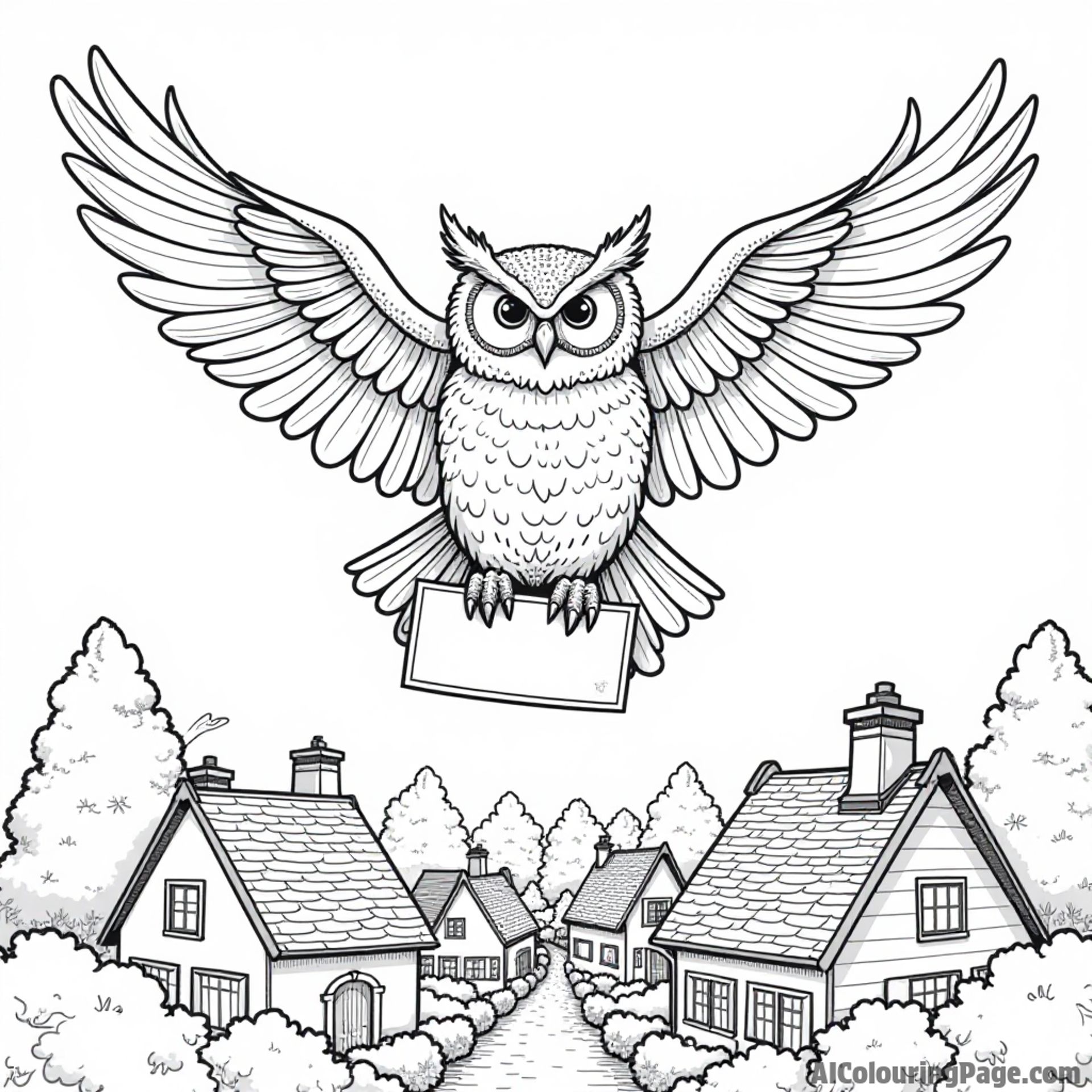 A majestic owl carrying a letter in its beak flying over a quaint village with rooftops and trees.
