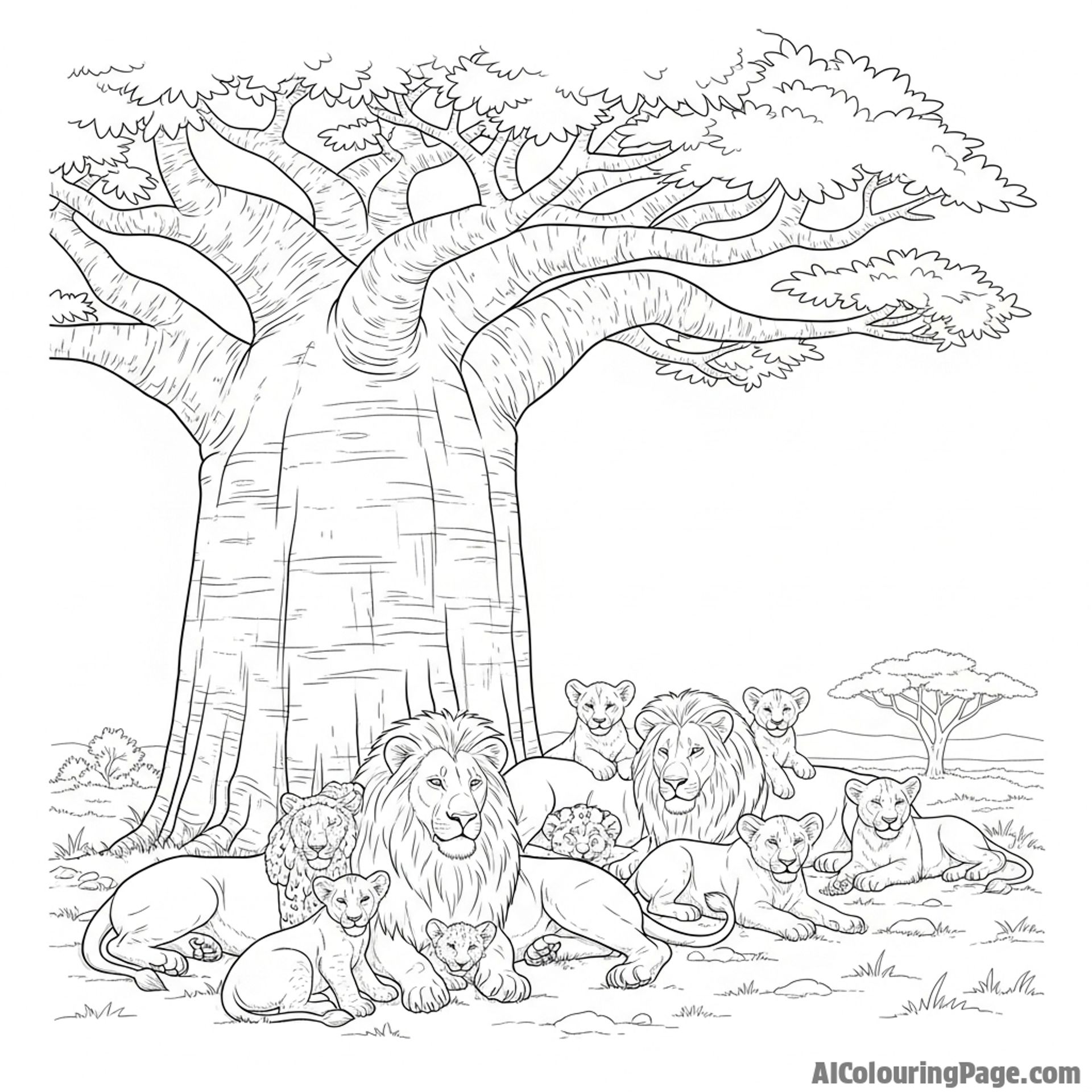 A pride of lions resting together in the deep shade of a baobab tree.