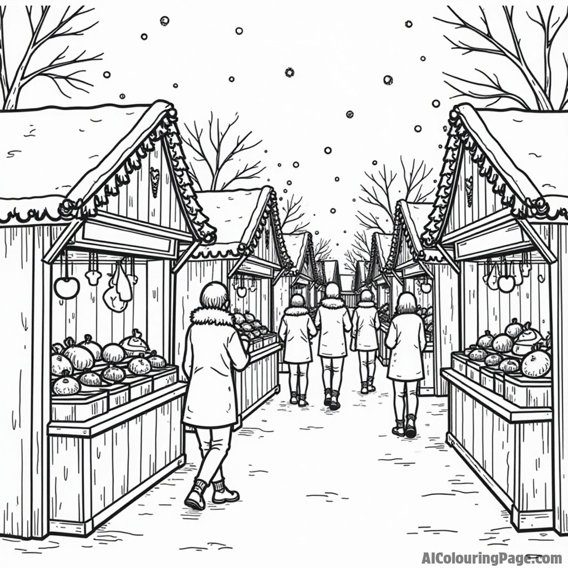 A Christmas market scene with stalls selling hot cocoa, ornaments, and gifts, with people shopping and enjoying the festive spirit.