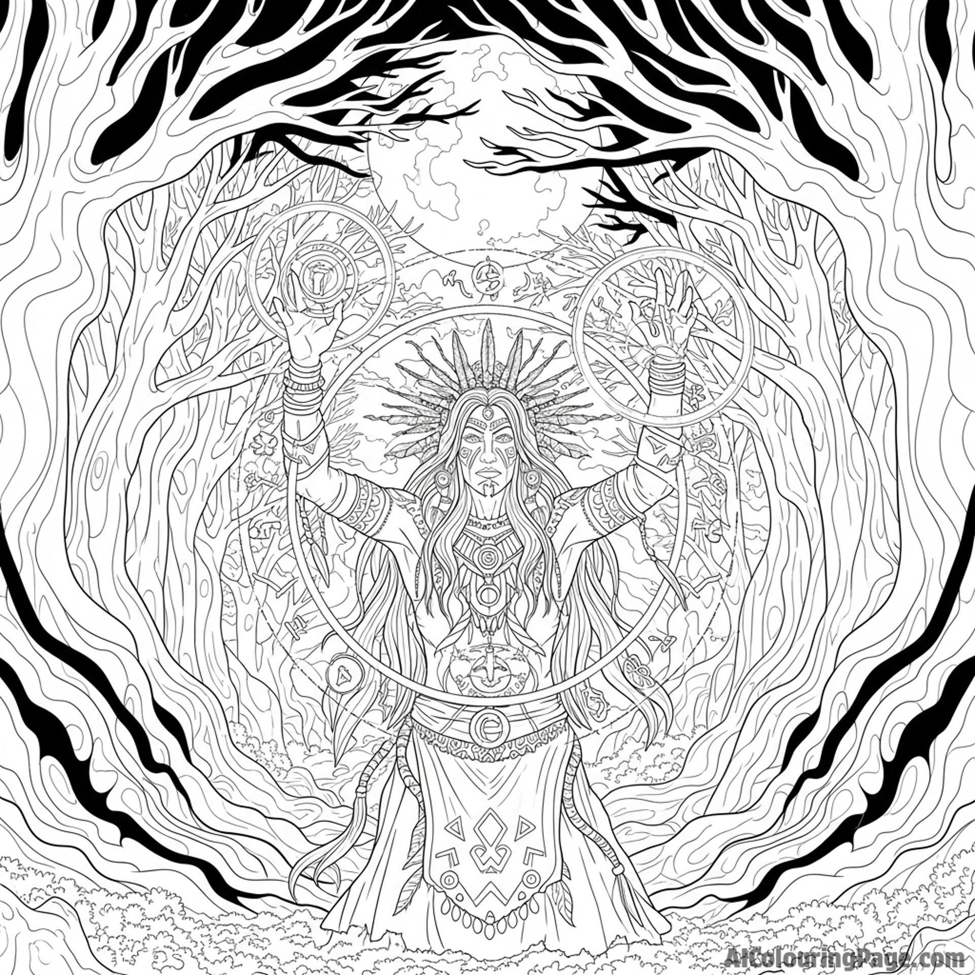 Shaman casting ancient ritual magic in moonlit area of forest