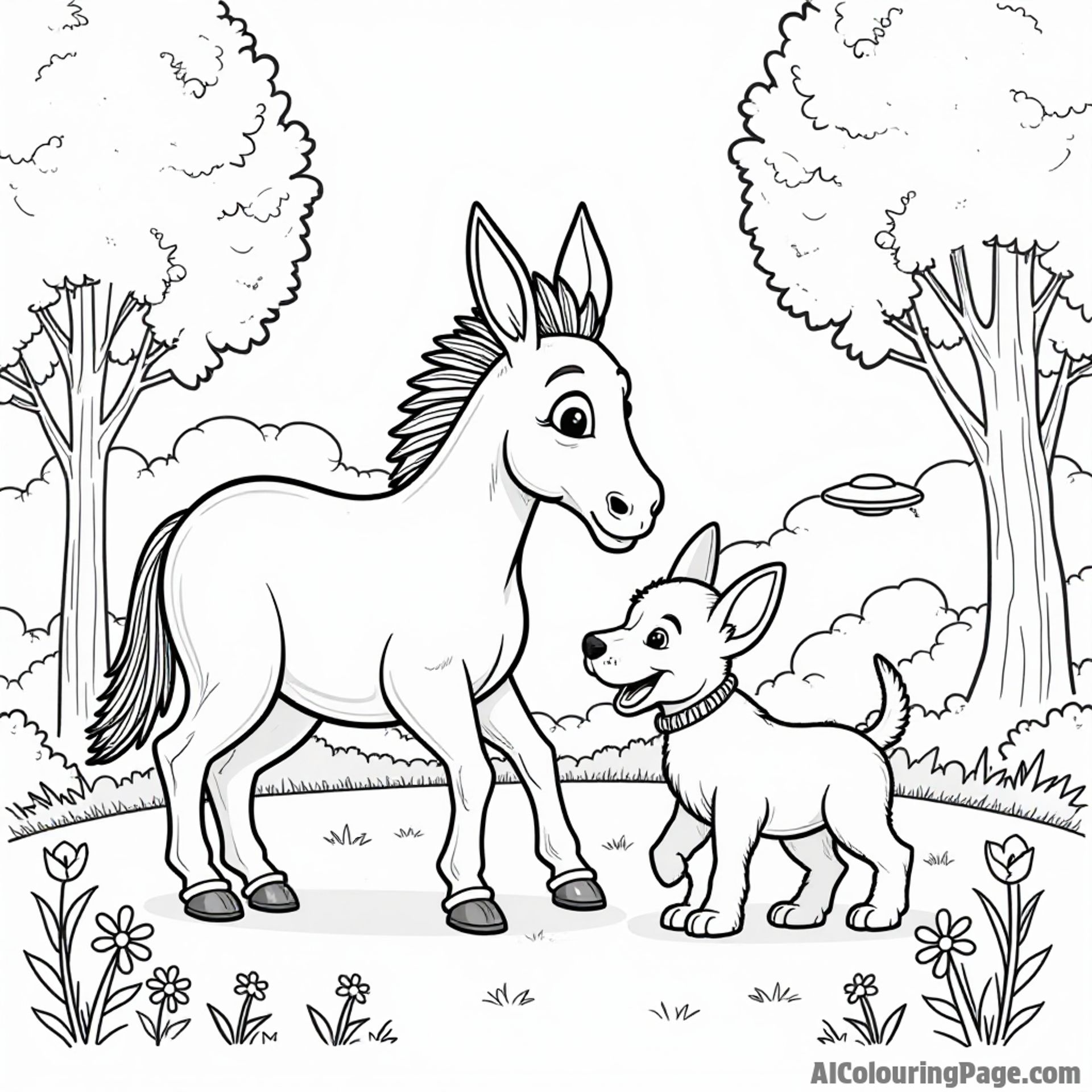 A donkey playing with a puppy in a park, with trees, a frisbee, and flowers in a sunny background