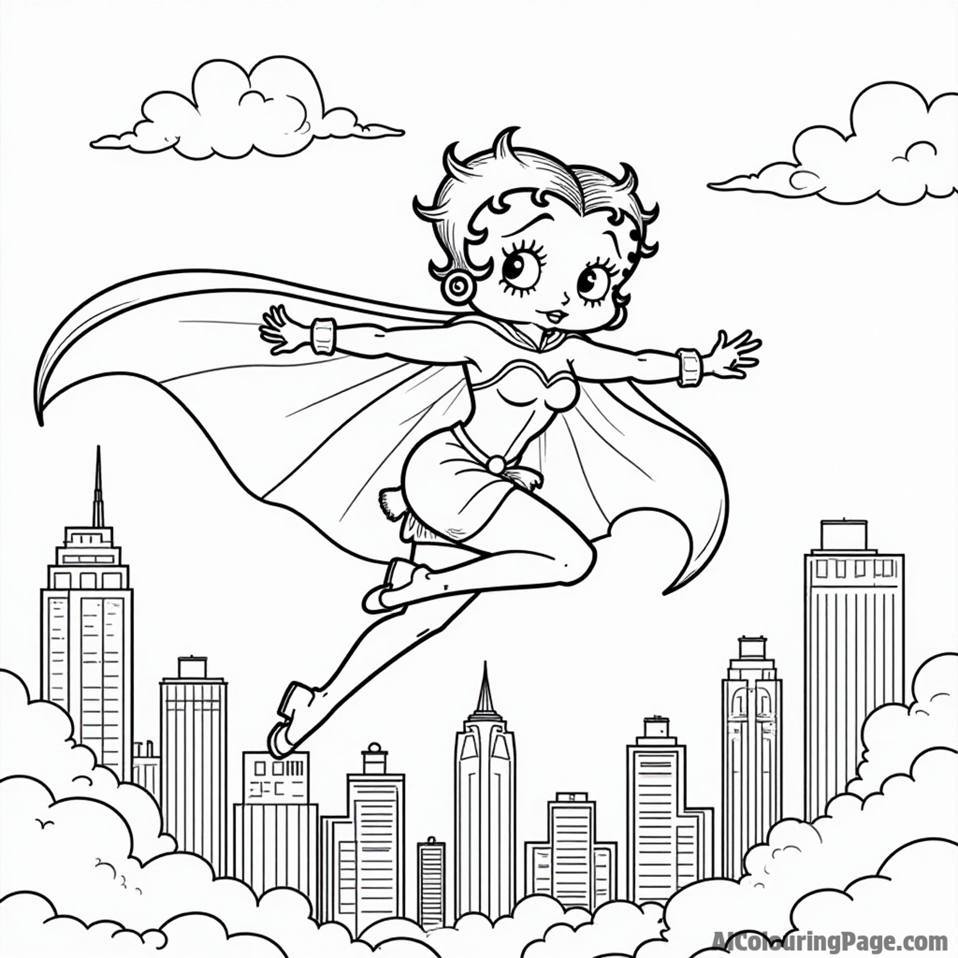 Betty Boop in a superhero costume flying through the sky with a city skyline and clouds in the background