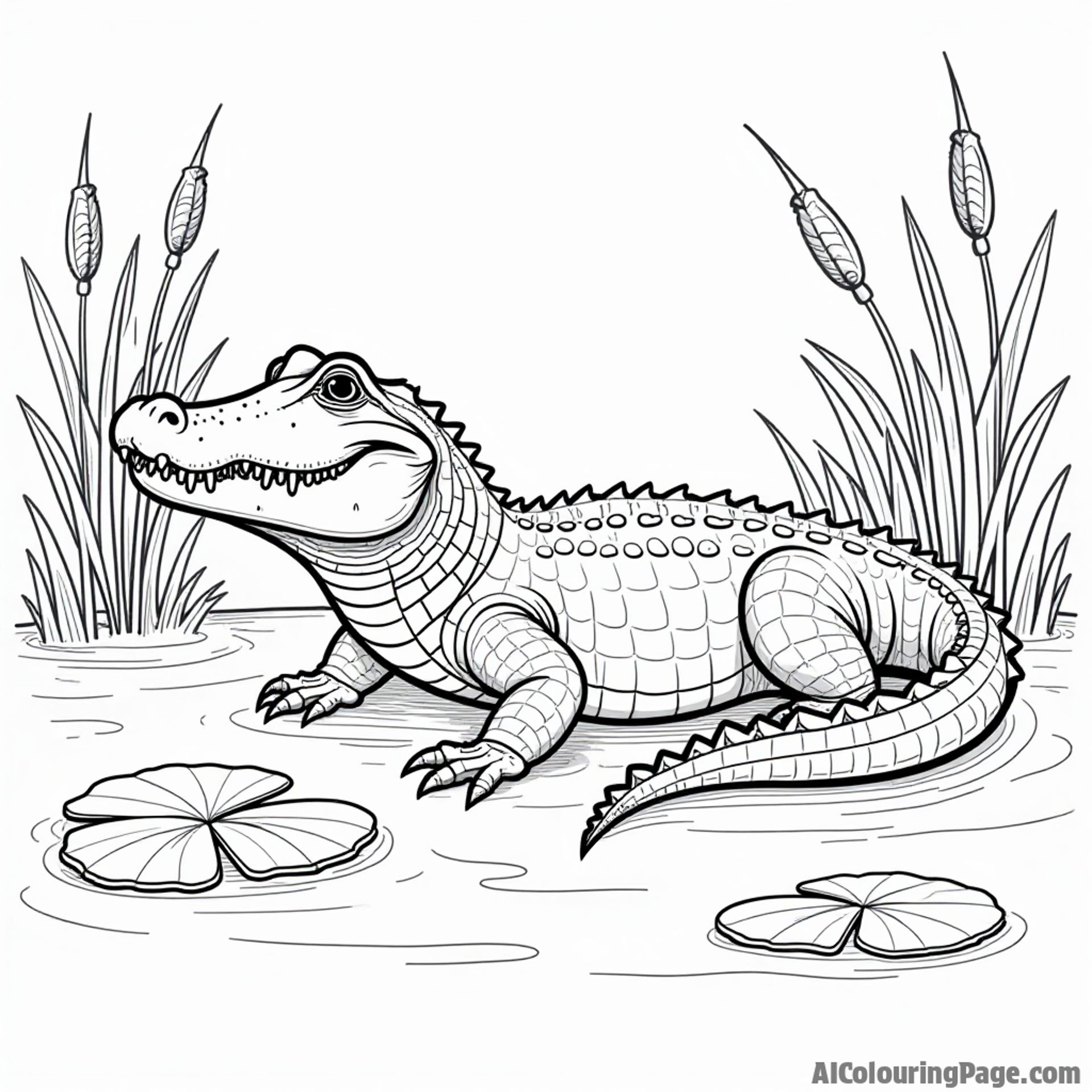 An alligator lounging in the swamp with lily pads and cattails, creating a fun nature scene for kids to color.