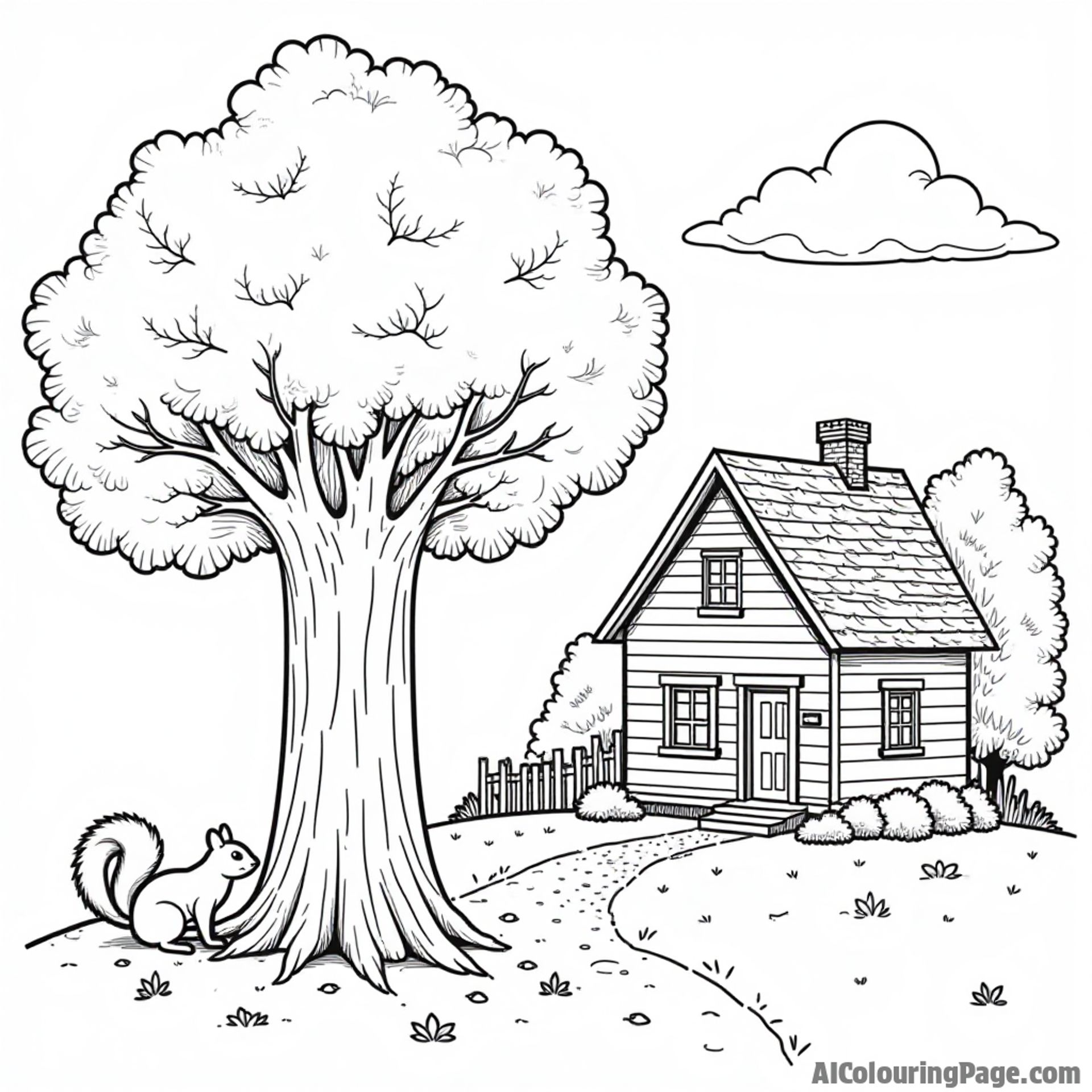 Connecticut's famous Nutmeg tree, squirrels playing nearby, and a cozy house, creating a delightful coloring scene for kids.