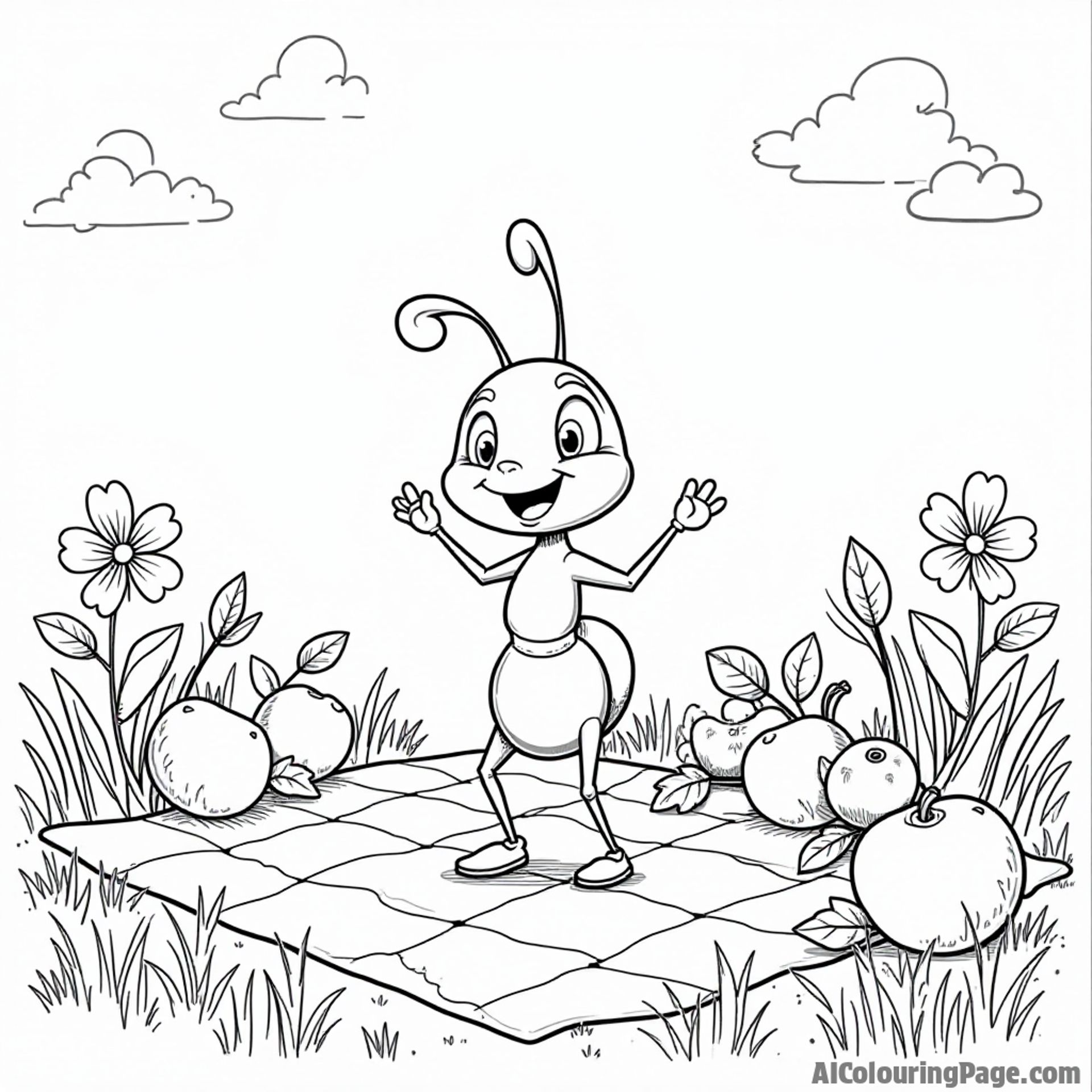 A cartoon ant dancing on a picnic blanket surrounded by fruits and flowers, ready for joyful coloring moments.