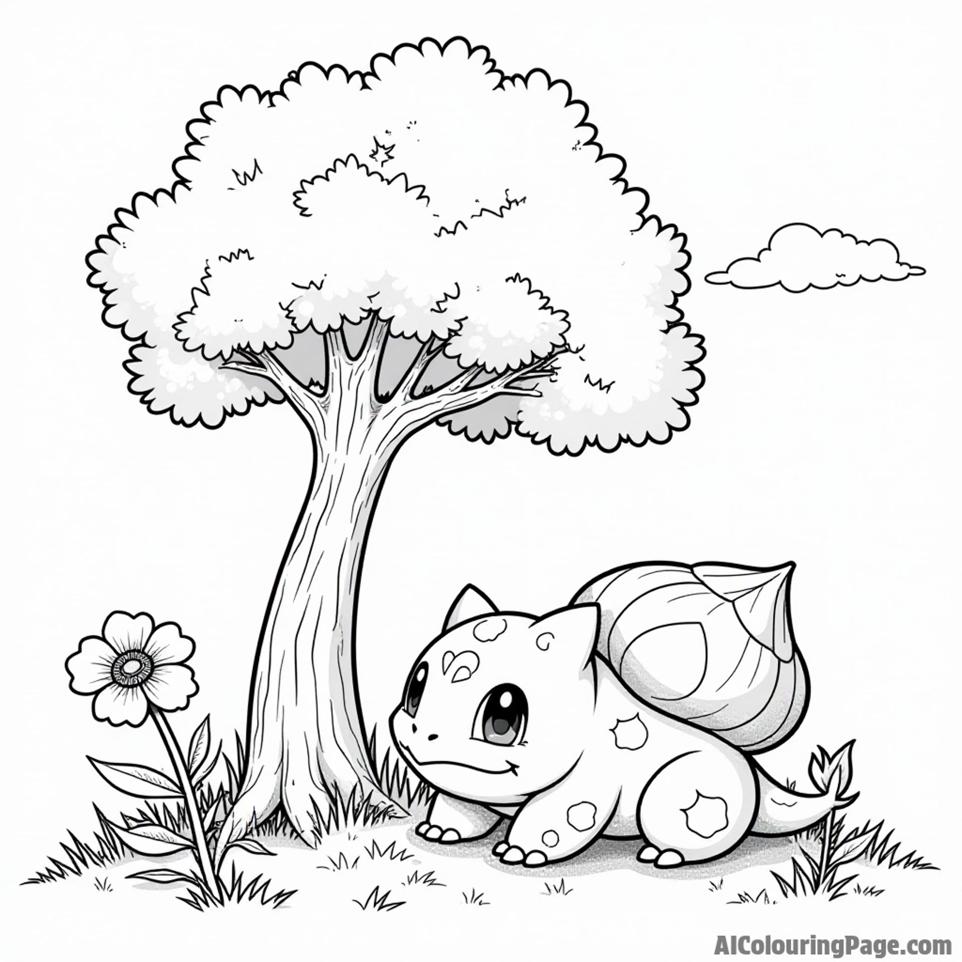A serene scene of a Bulbasaur resting under a large tree with flowers blooming all around it on a sunny day.