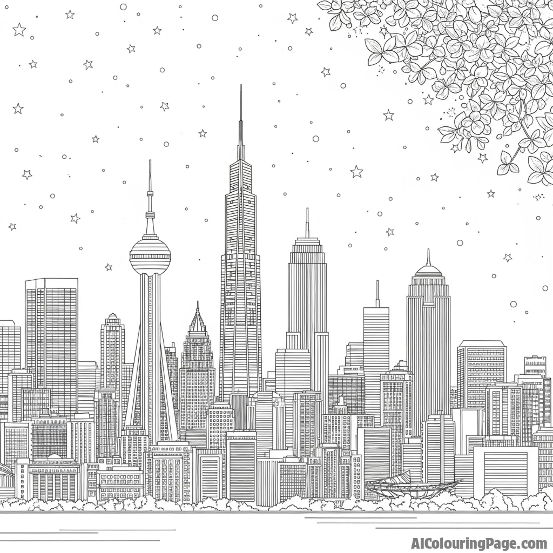 City skyline illuminated under a blanket of stars.