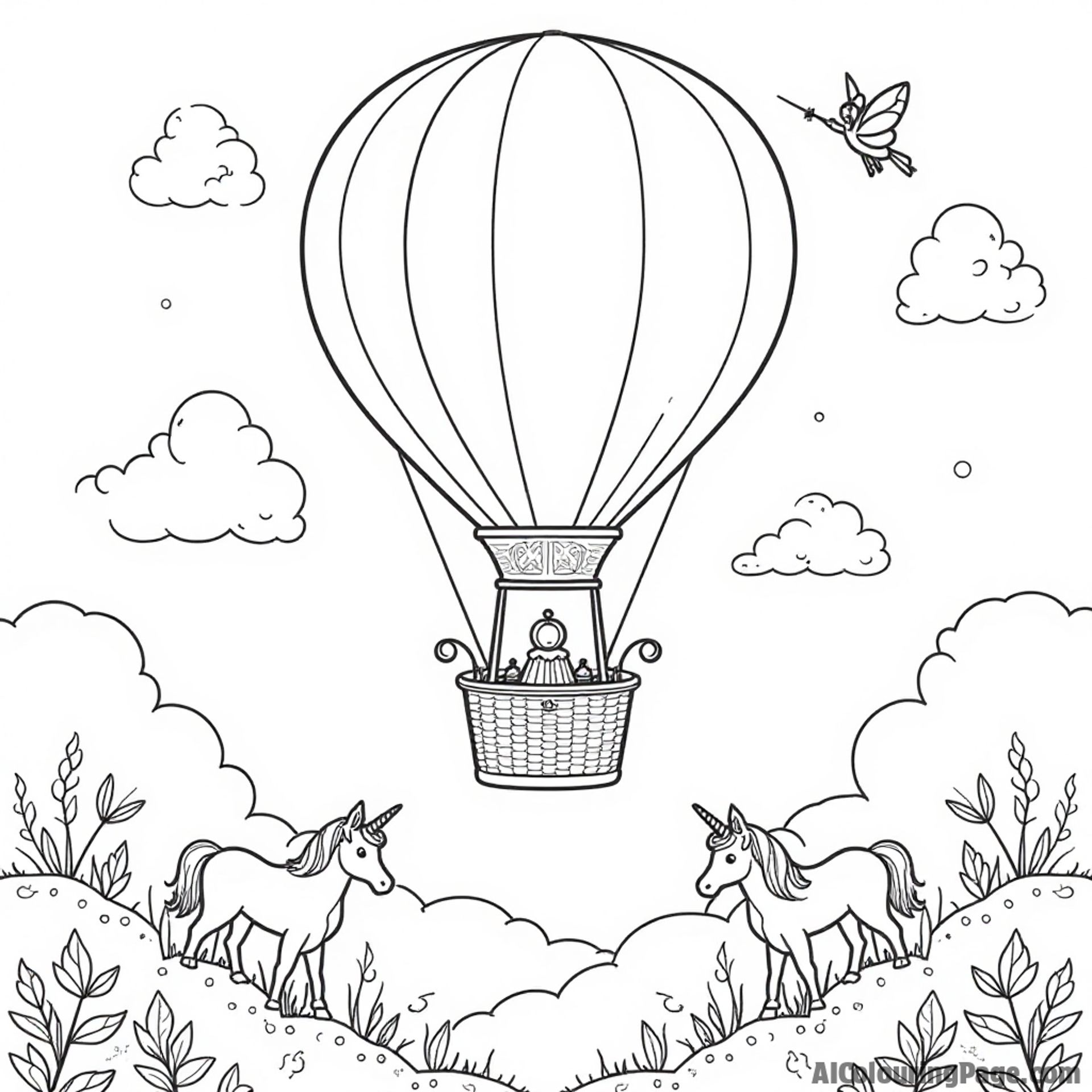 A fairy tale hot air balloon surrounded by magical creatures like unicorns and fairies, soaring high above a lush garden, perfect for imaginative children ready to color.