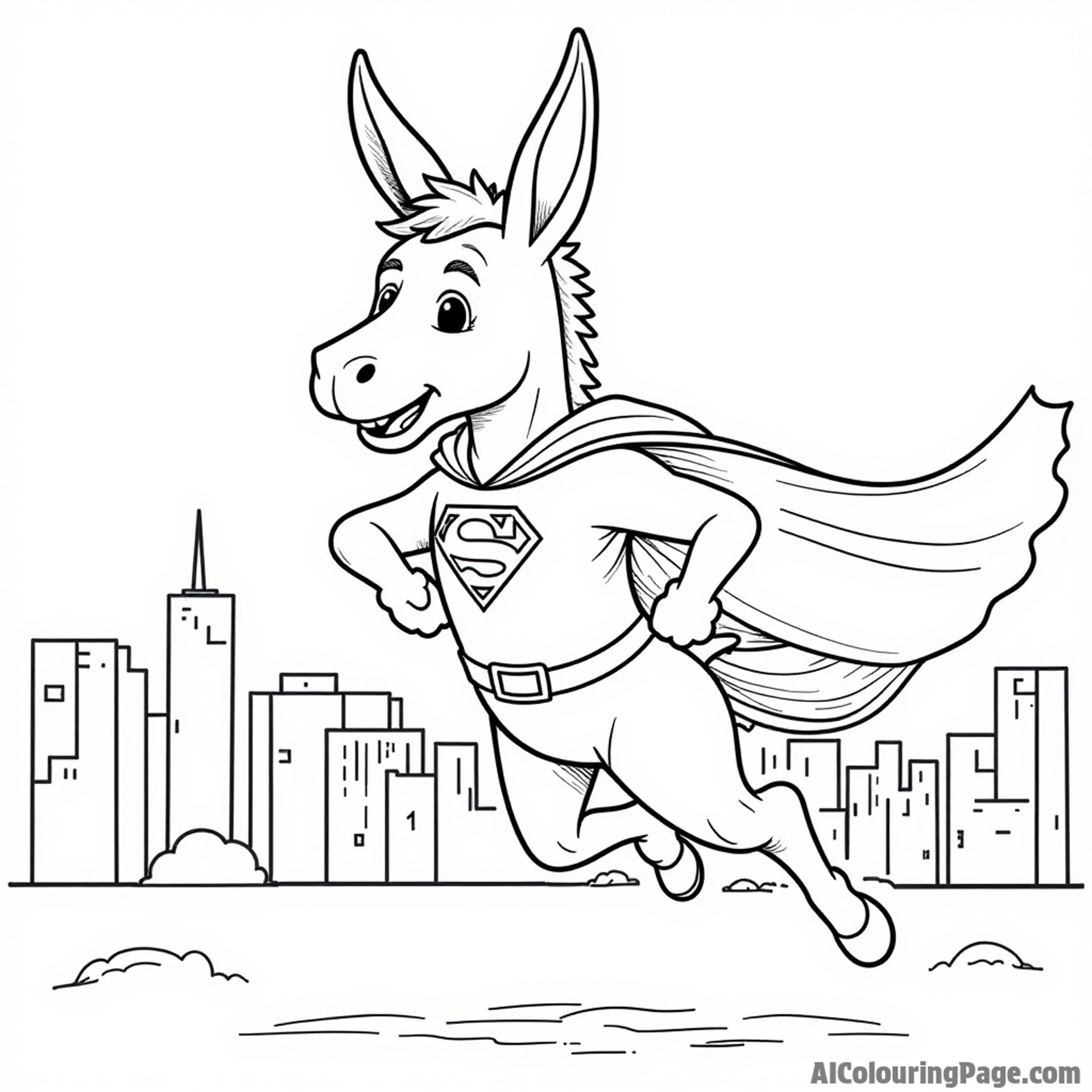 A donkey dressed as a superhero, flying through the air with a cape, with a city skyline in the background