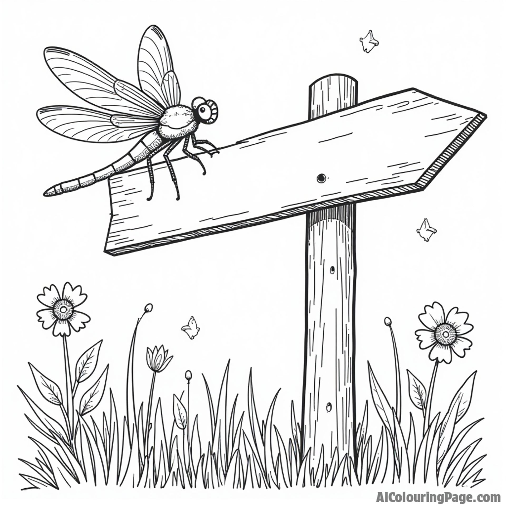 A dragonfly perched on a signpost pointing to different fun adventures in a magical garden.