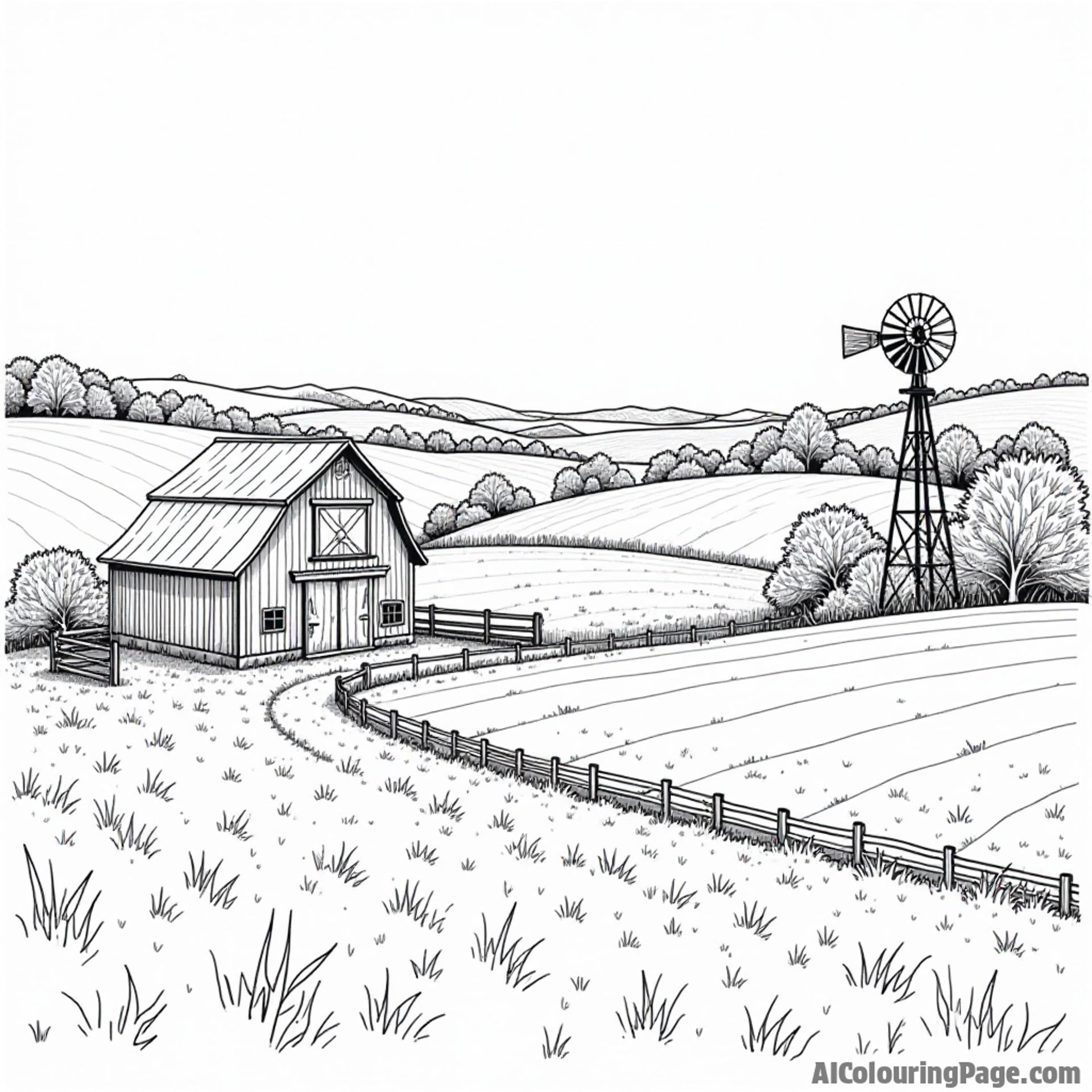 A scenic view of Ohio farmland with a barn, windmill, and rolling hills in a black and white coloring page design