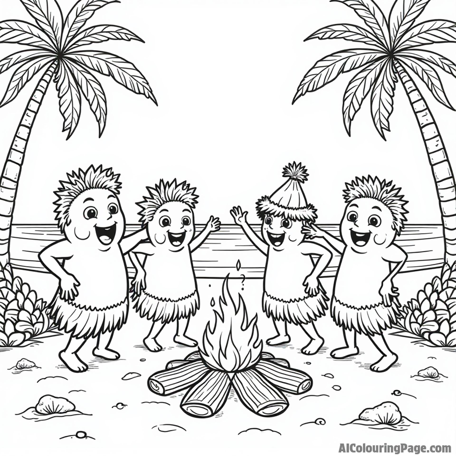 A playful group of Kakamora dancing around a bonfire on the beach, with colorful tropical decorations surrounding them.