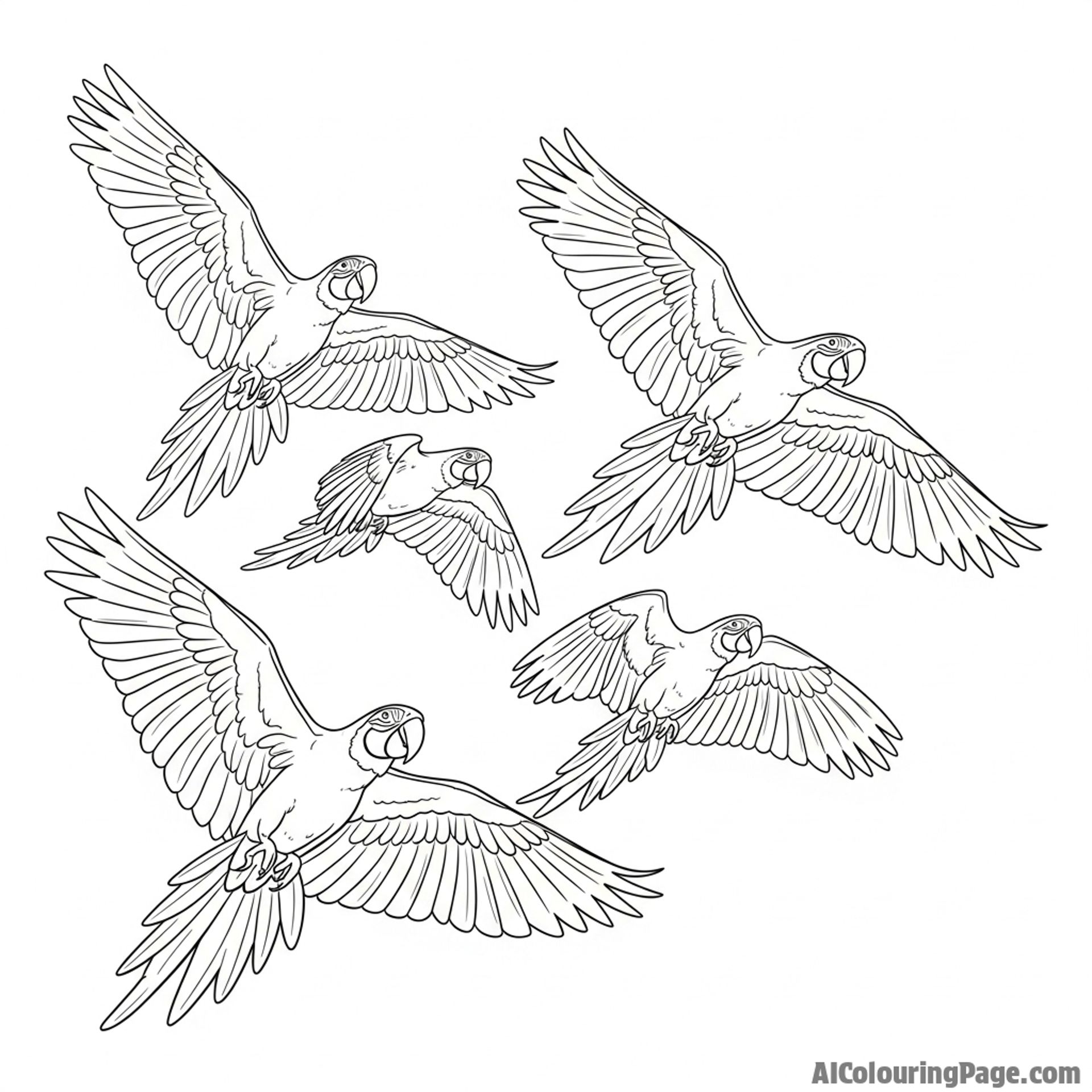 A flock of macaws soaring through the air, their cries echoing in the distance.