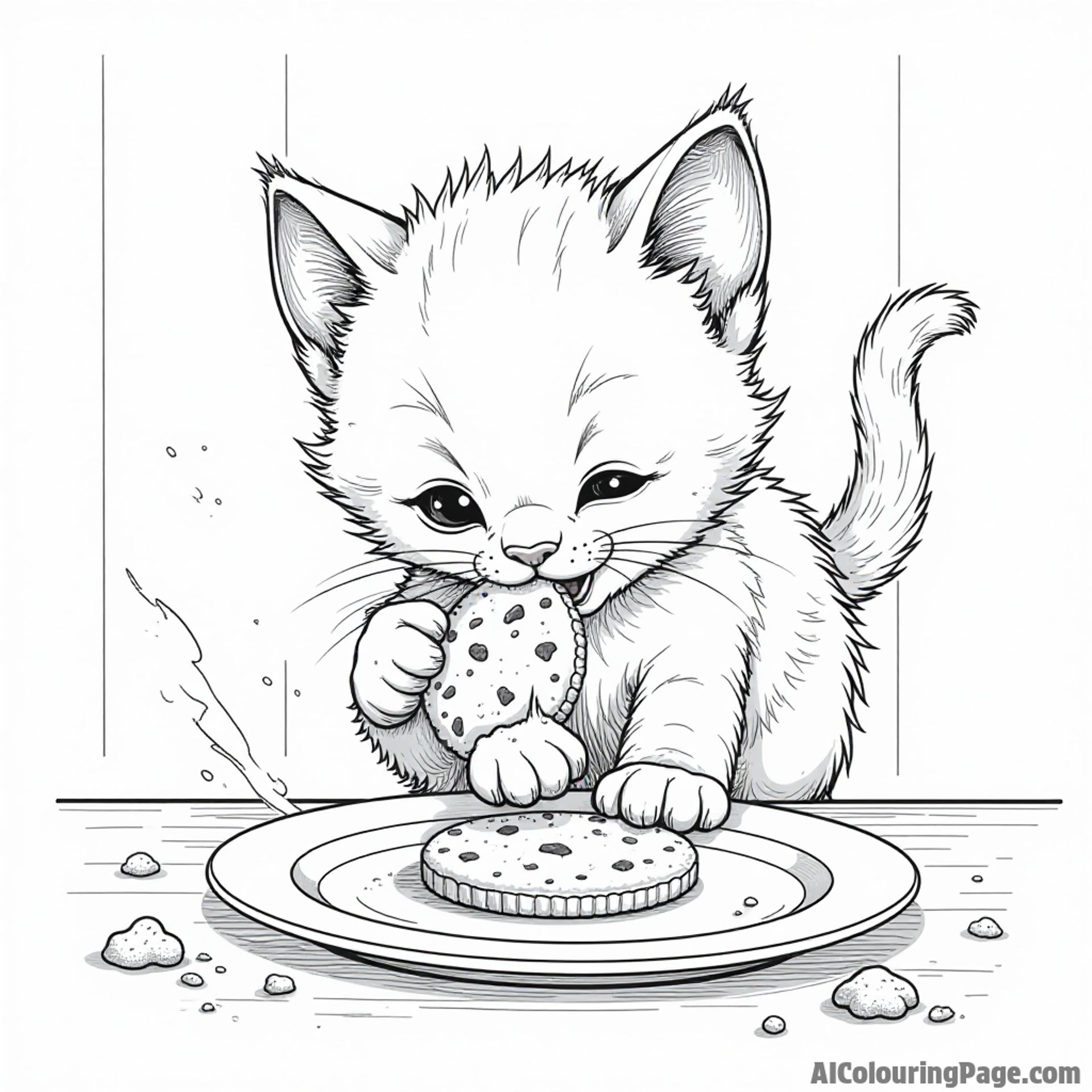 A playful kitten trying to sneak a cookie from a plate on a kitchen table, with flour scattered around.