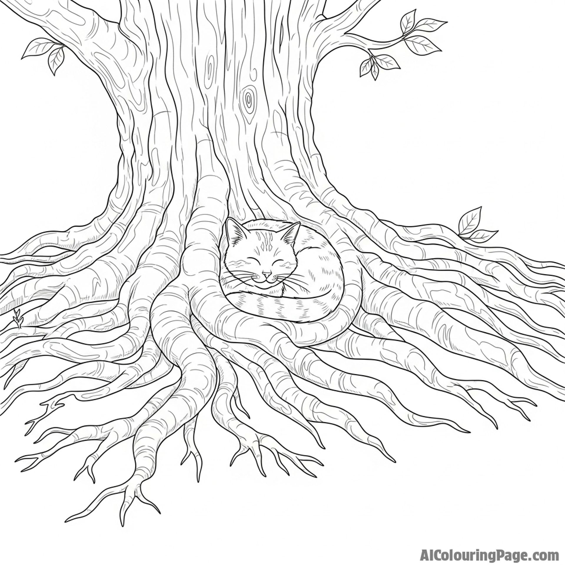 A cat nestled amongst the roots of an ancient, gnarled tree.