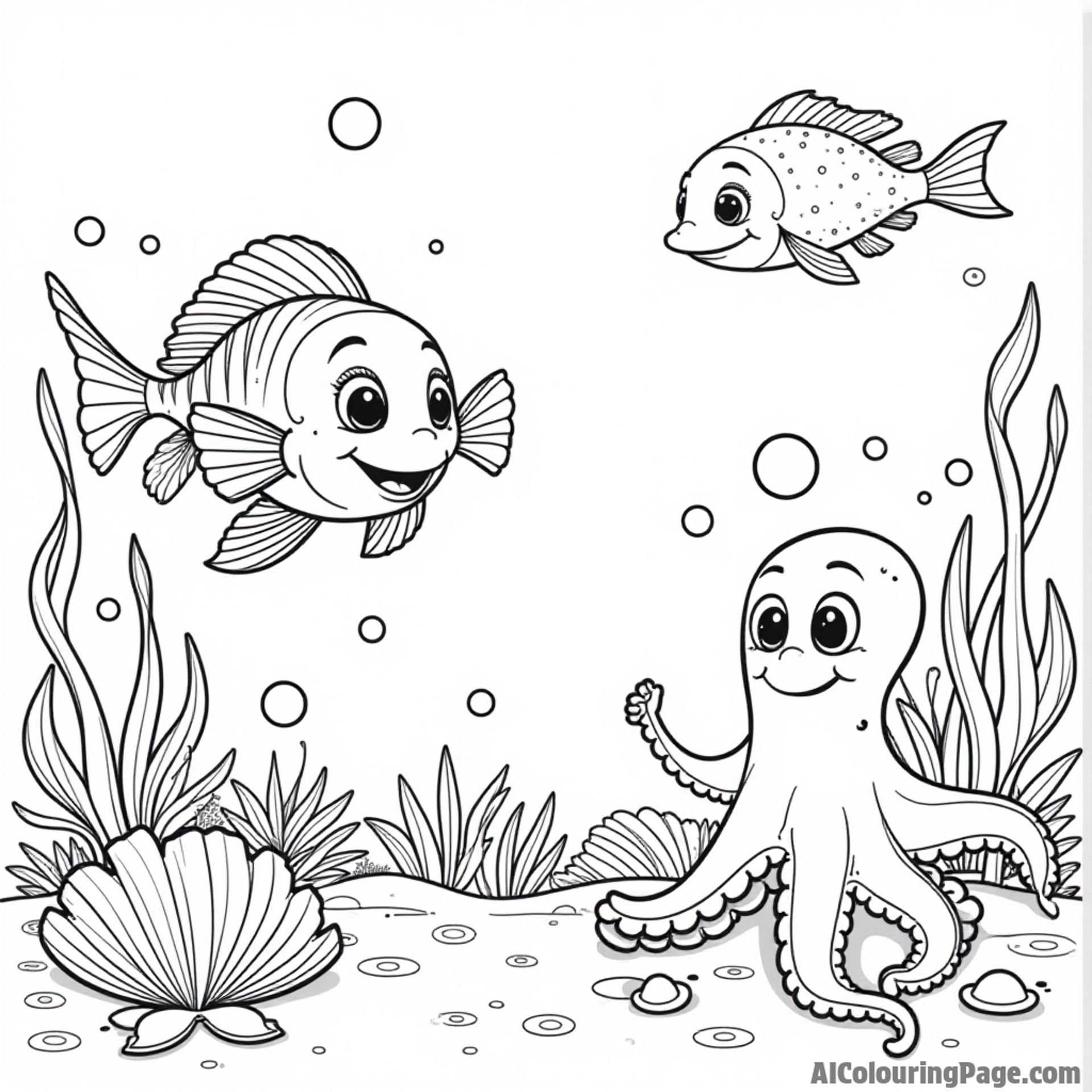 A whimsical underwater scene with a friendly fish, a playful octopus character, and a cheerful seashell on the ocean floor.