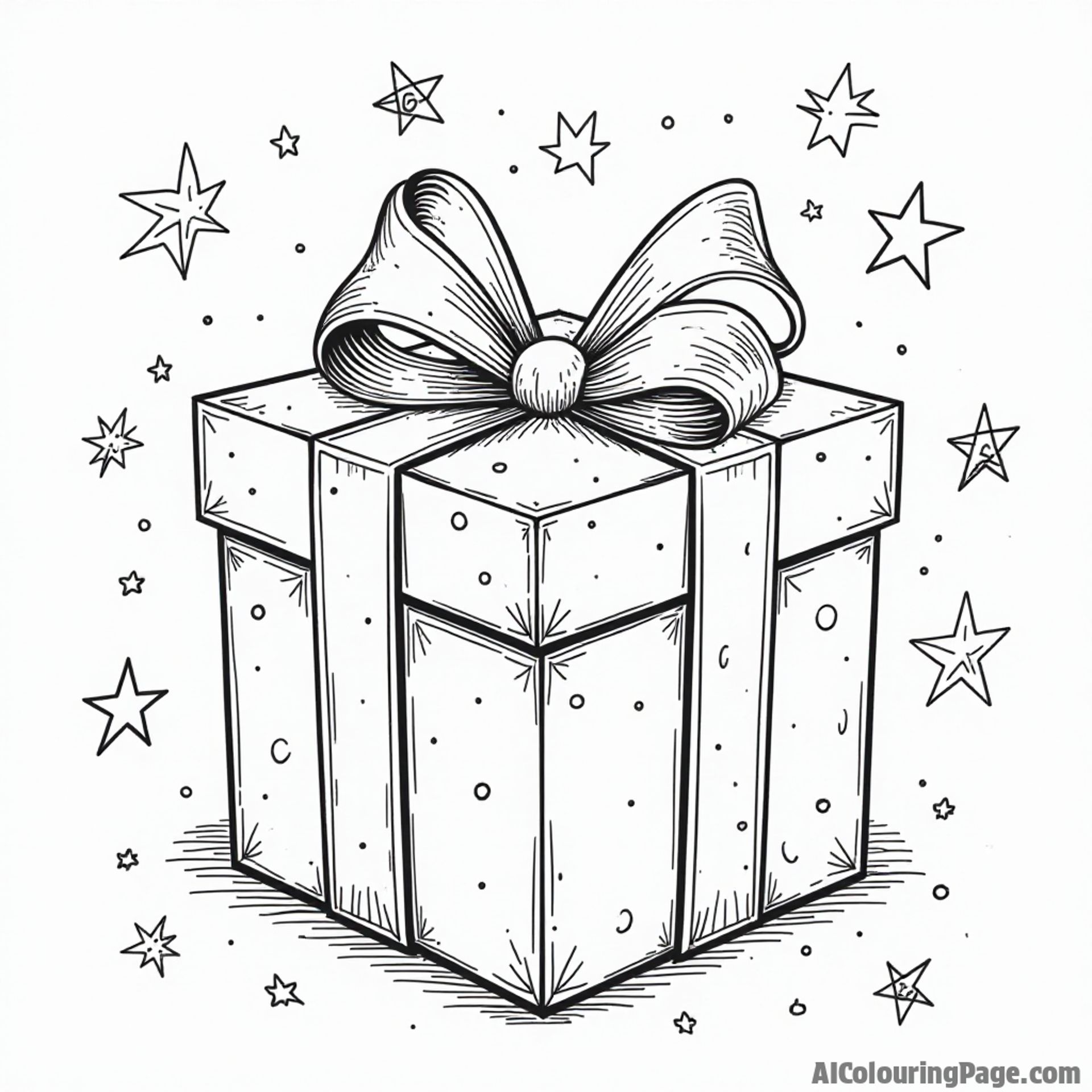 A beautifully decorated Hanukkah gift box, with ribbons and stars surrounding it, inviting children to use their imagination and color this festive element of the celebration.