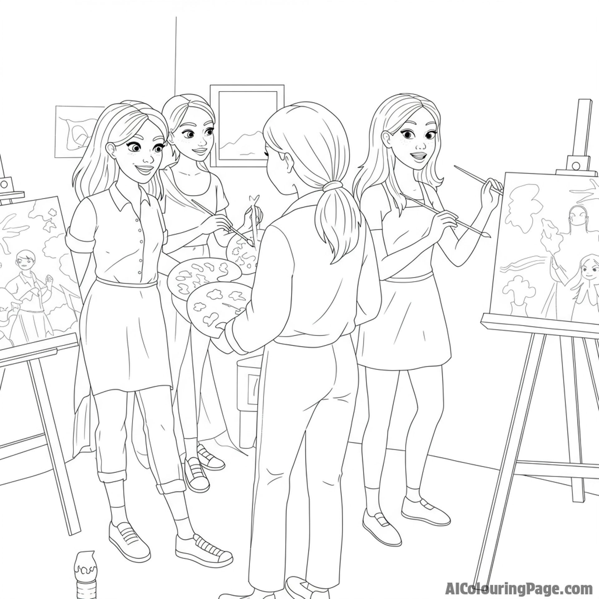 Girlfriends painting together in a lively art studio, vibrant expressions.