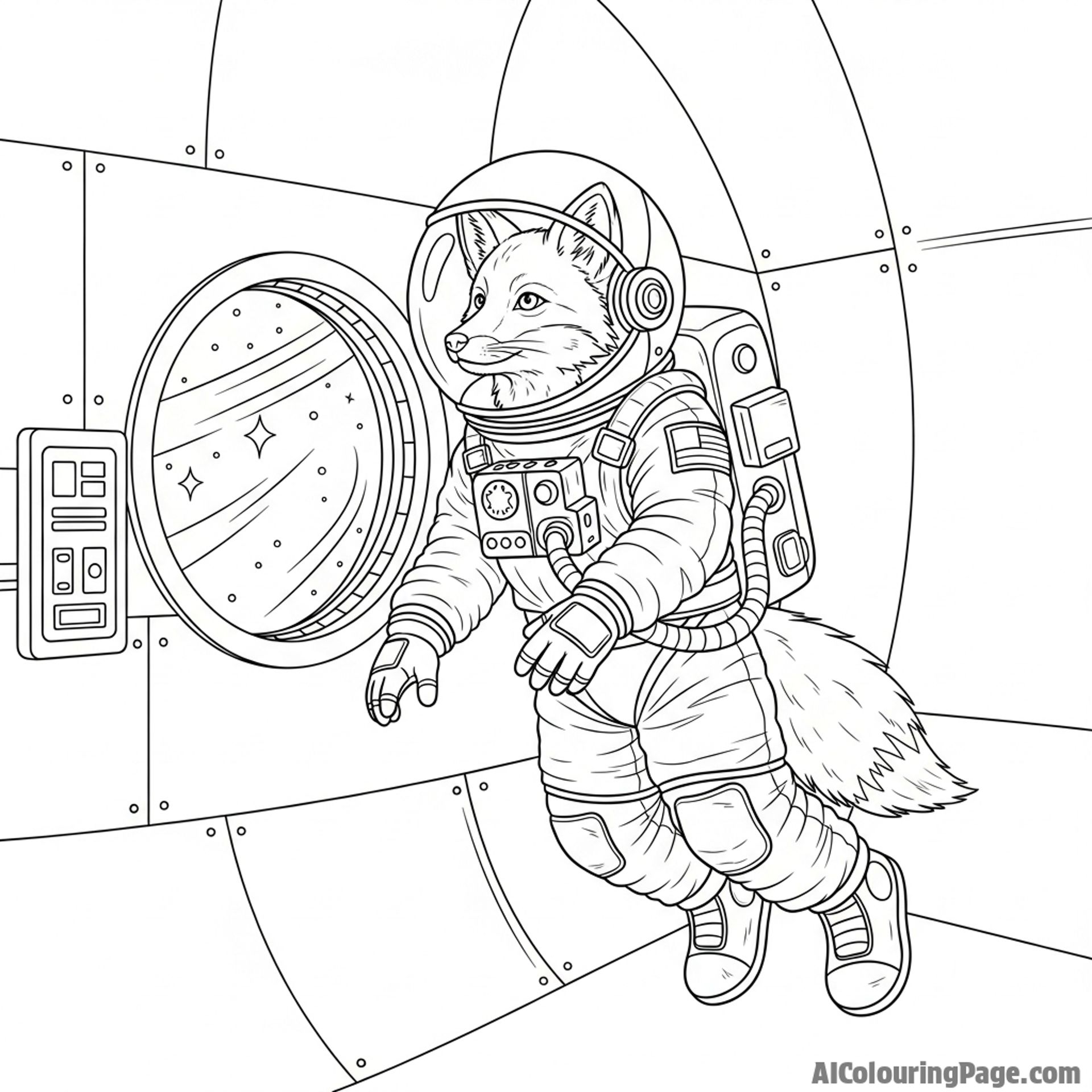 An astronaut fox floating in zero gravity inside a space station, looking out a porthole.