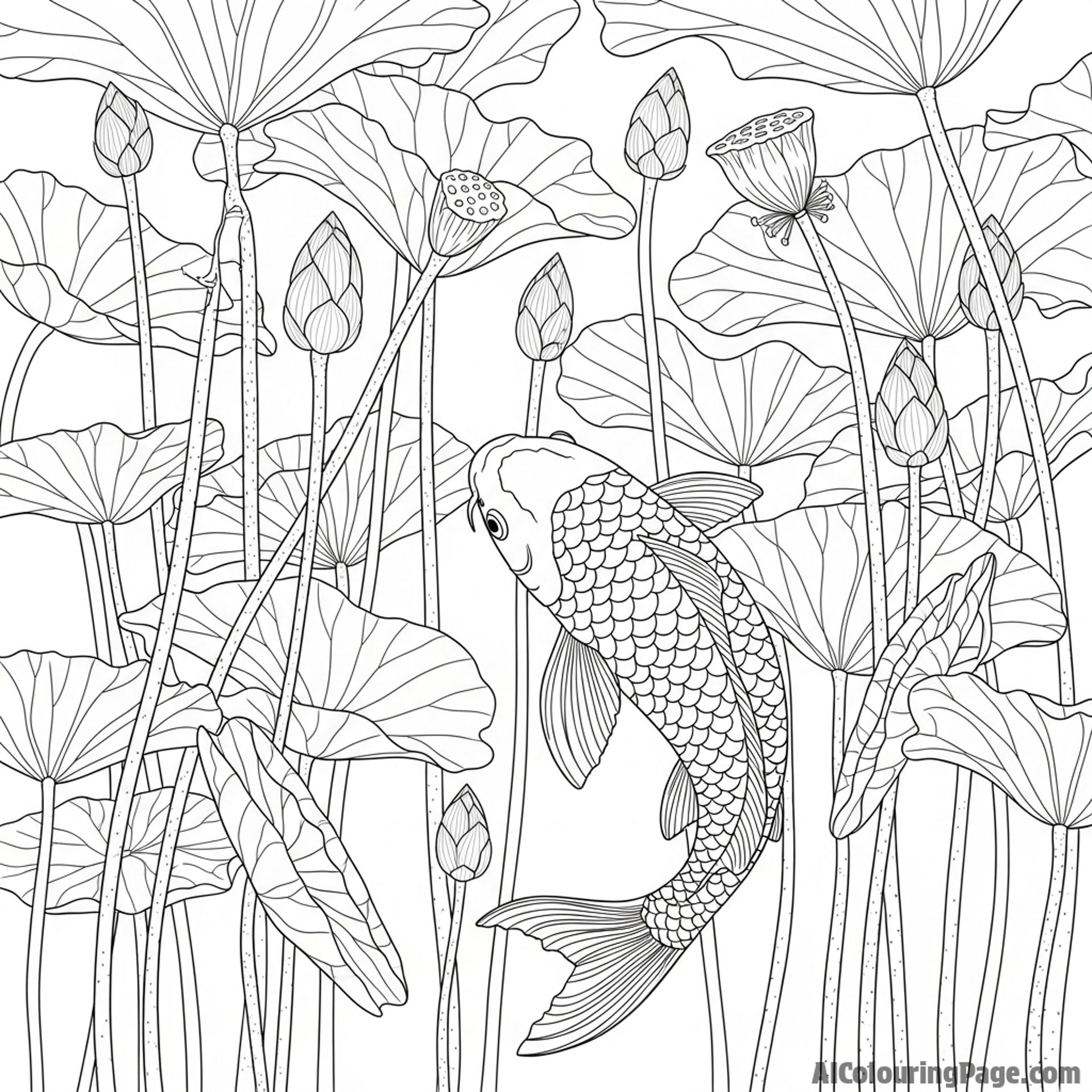 A solitary koi navigating a dense underwater forest of lotus stems.