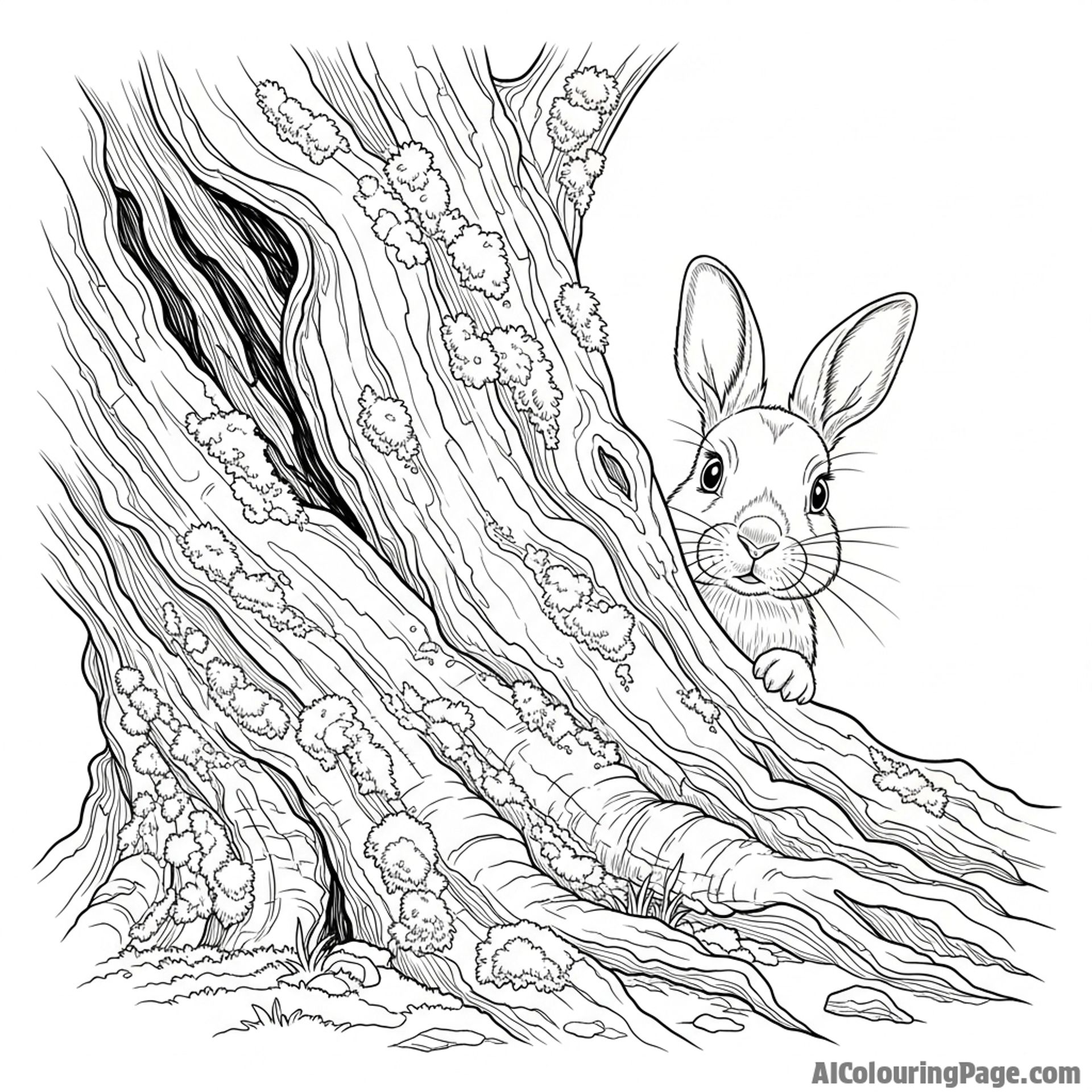 A rabbit peeking cautiously from behind an ancient, mossy tree trunk.