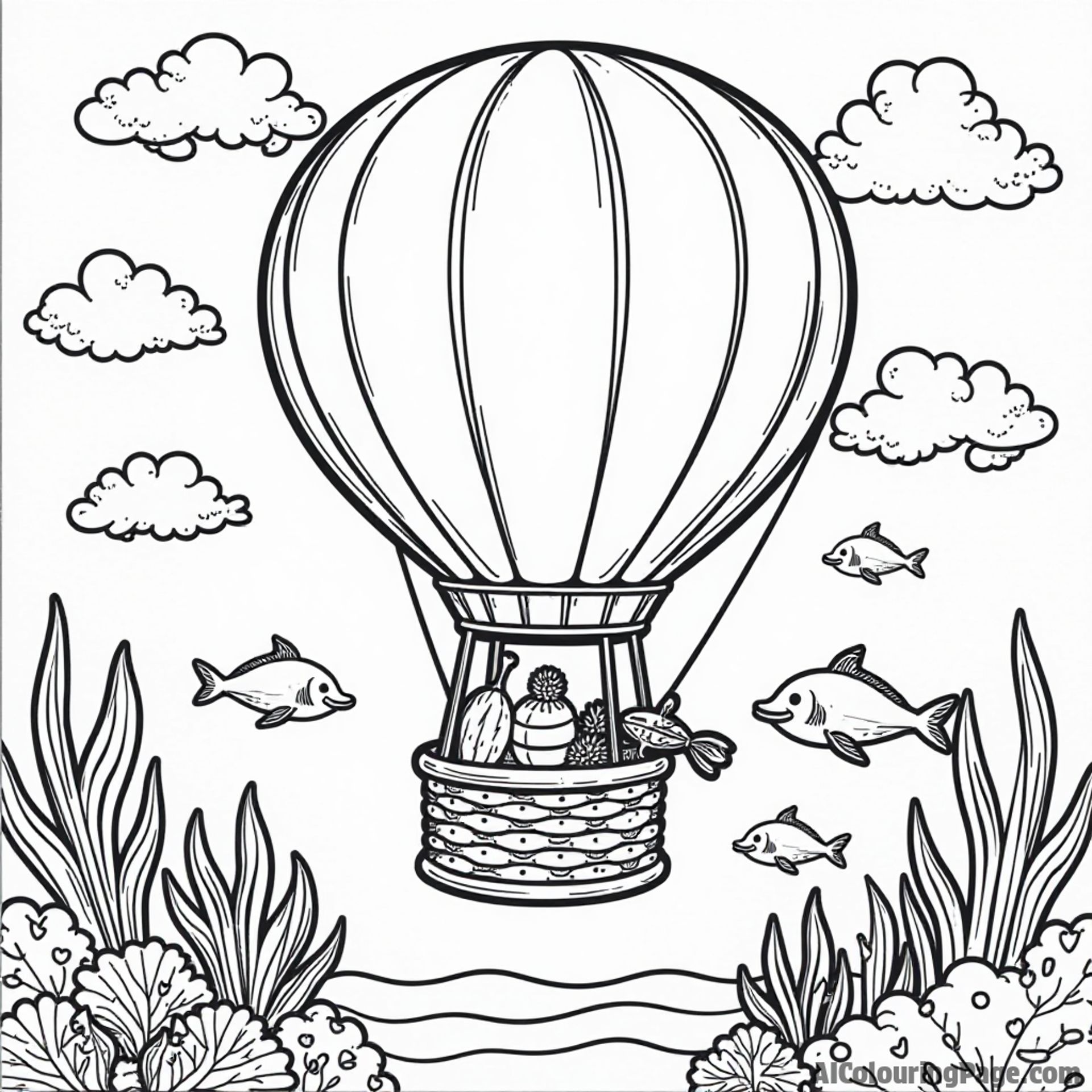 An underwater-themed hot air balloon, surrounded by playful dolphins and colorful fish, perfect for adventurous kids to explore and color in their imaginative ways.