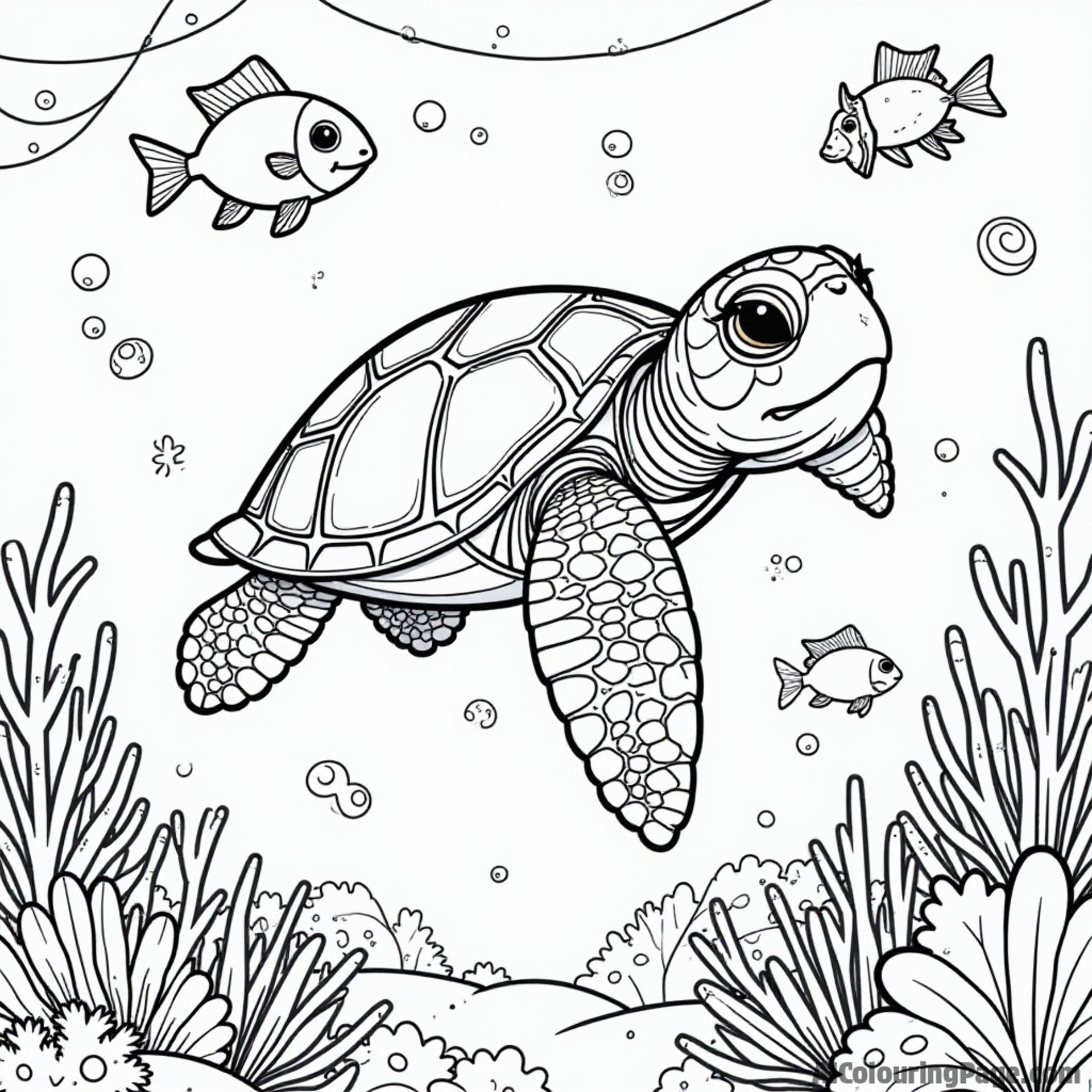 A playful sea turtle swimming in the ocean, with coral reefs and fish, creating an engaging coloring page experience.