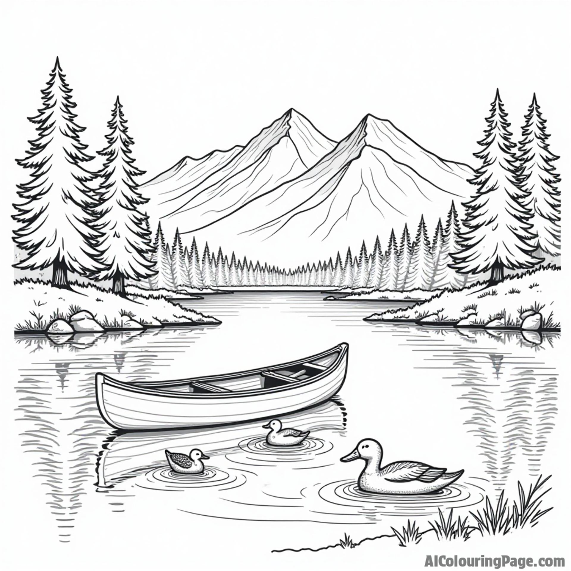 A serene Montana lake scene featuring a canoe, pine trees, and a family of ducks swimming, ideal for kids coloring.